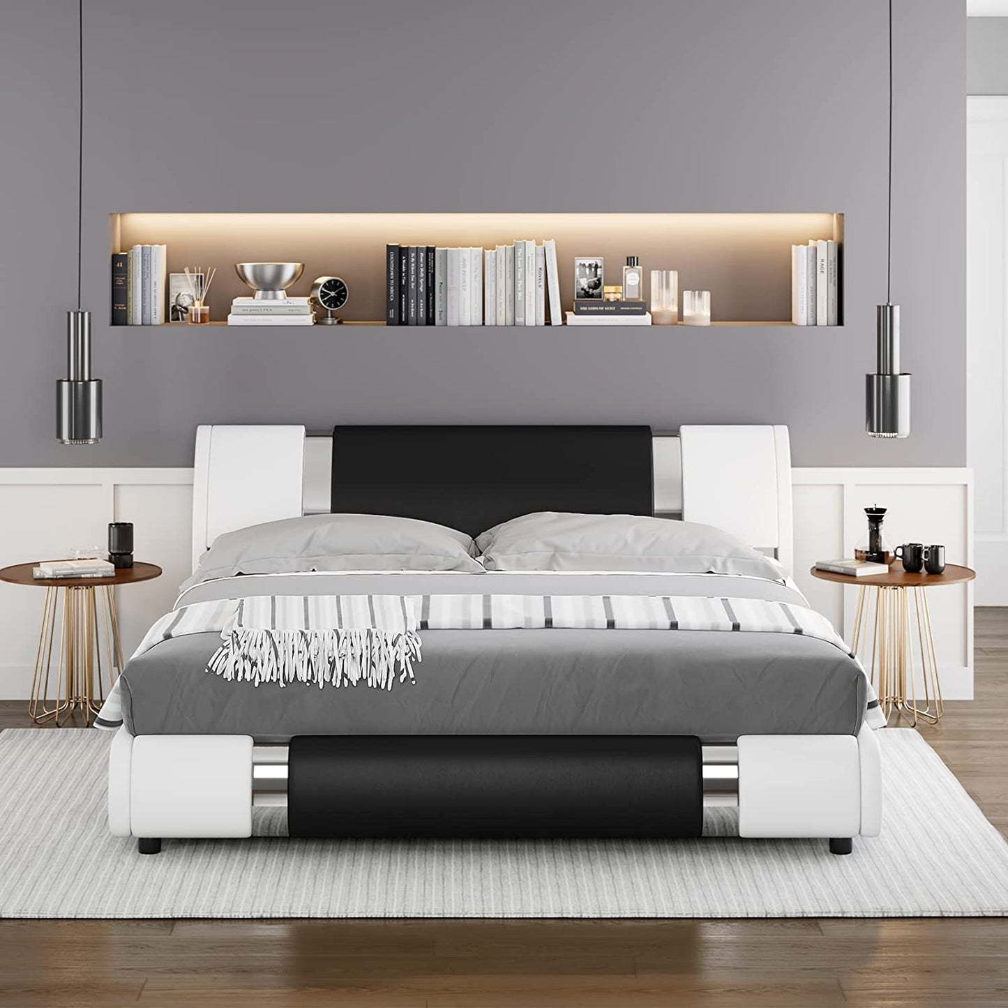 Modern Faux Leather Upholstered Platform Bed Frame with Metal Decoration Headboard, Curved Headboard, Wooden Slats Support, No Box Spring Needed, Full Size, White