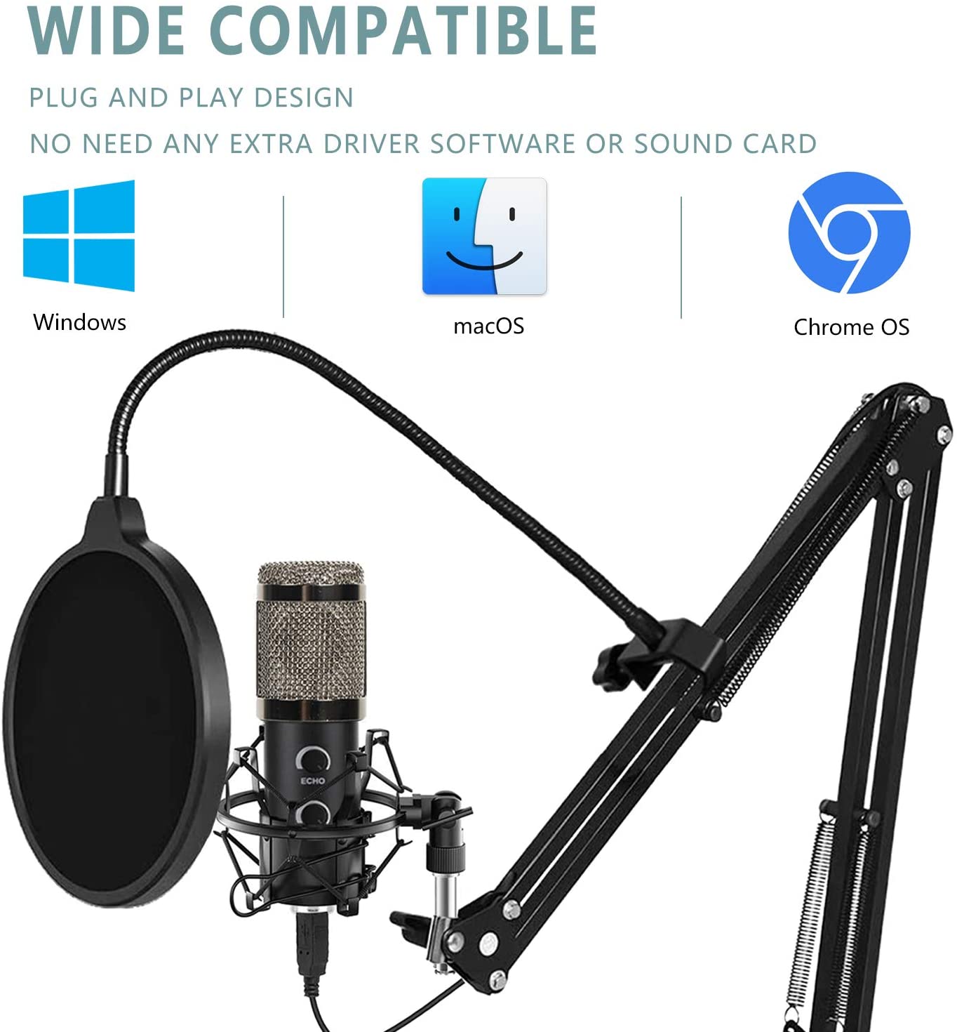 2023 Upgraded USB Microphone for Computer, Mic for Gaming, Podcast, Live Streaming, YouTube on PC, Mic Studio Bundle with Adjustment Arm Stand.