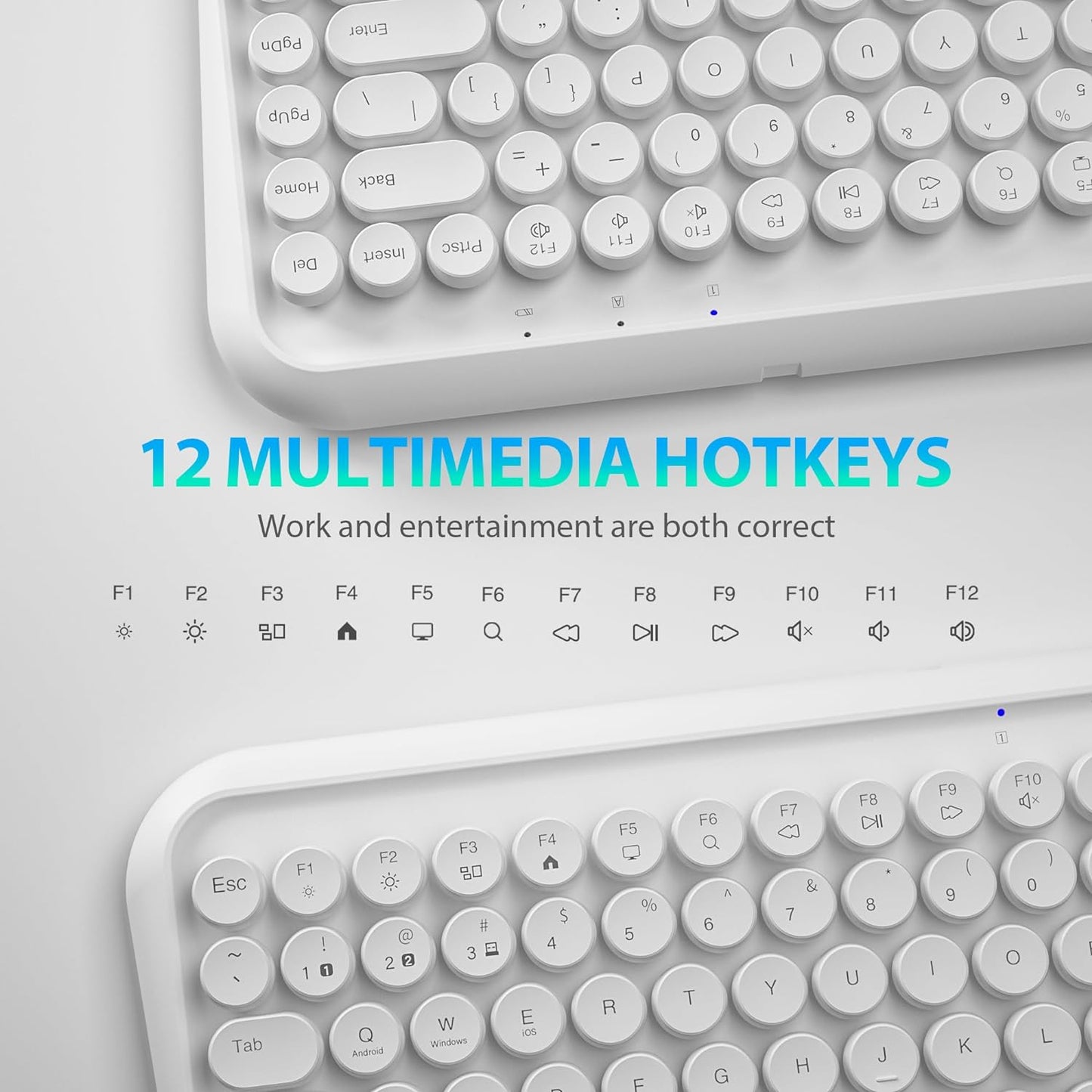Wireless Bluetooth Keyboard, 2.4GHz Typewriter Retro Keyboard, 84 Keys Portable Office Computer Keyboard with 2xAA Batteries and Cute Floated Round Keycaps for Windows Android PC Laptop Mac iPad,White