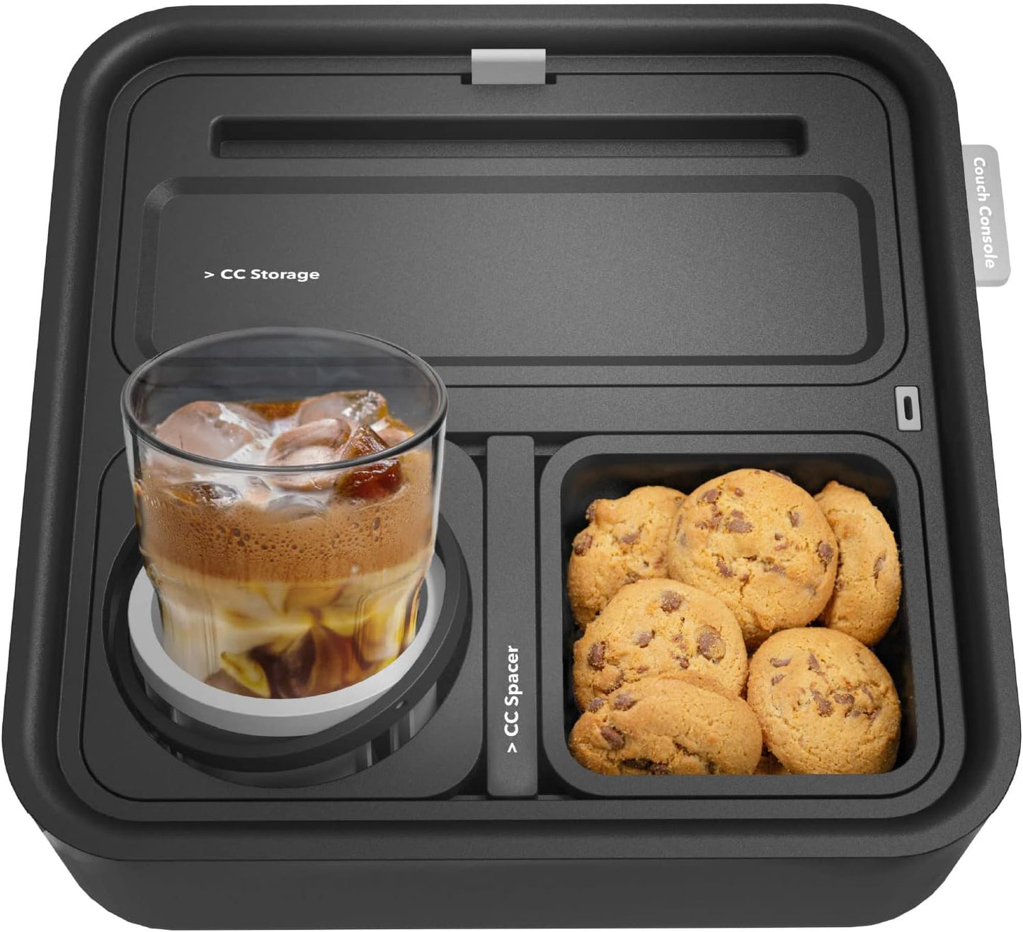 Original Cup Holder Tray - Drinks & Snacks Sofa Caddy with Armrest, Table with Phone Stand- TV Remote Control Storage and Organizer - for Living Rooms, RV, and Cars, Black/Gray