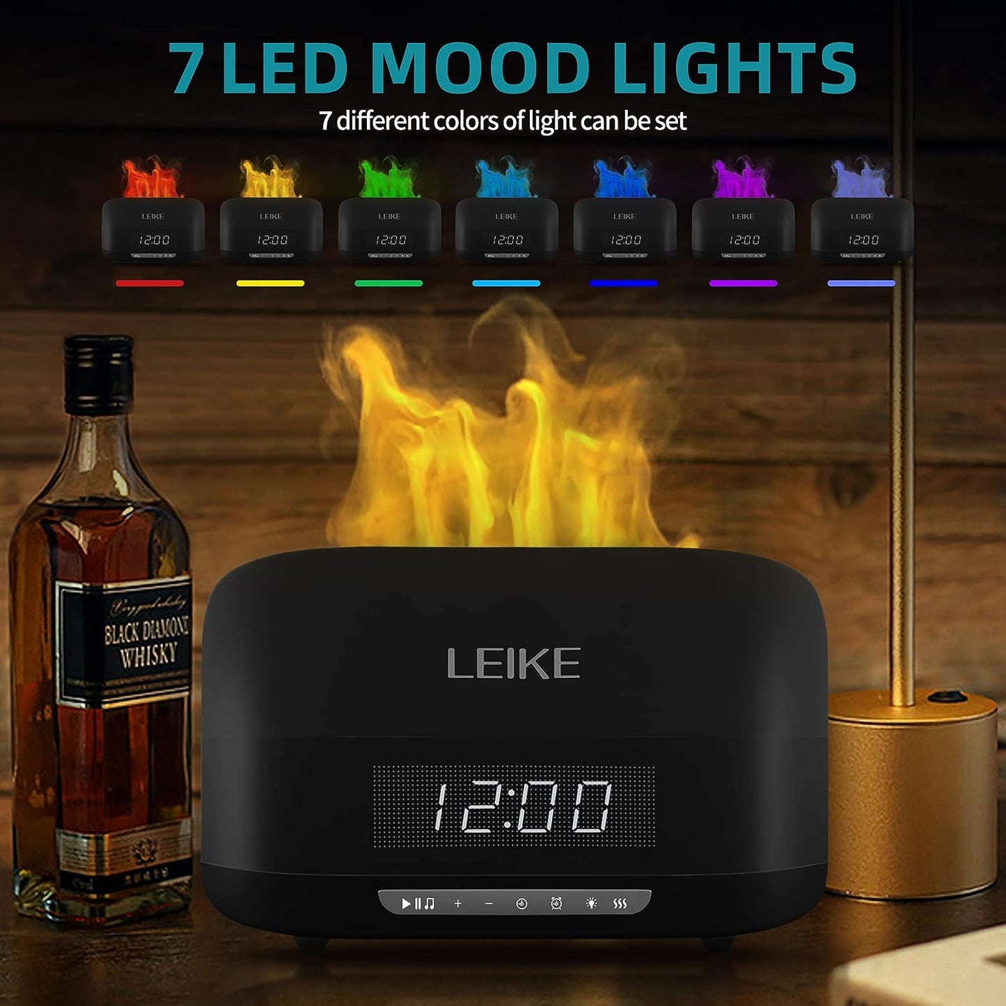 LEIKE 400ML Flame Air Aroma Diffuser Humidifier with Bluetooth Speaker, 7 Colors Flame Auto-Off Diffusers for Essential Oil Large Room with Digital Alarm Clocks for Bedrooms Home Decor Gifts
