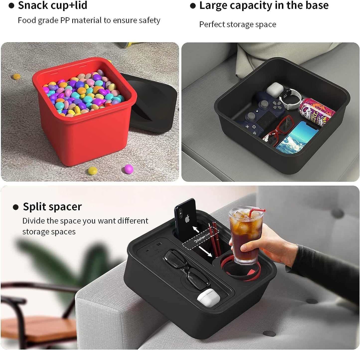 A+ Cup Holder Tray with Wireless Power Bank, Sofa Caddy with Self Balancing Cup Holder & Snack Cup, Sofa Armrest Table Tray, Couch Storage Organizer for Living Room, Car, Game,USB A+C Port