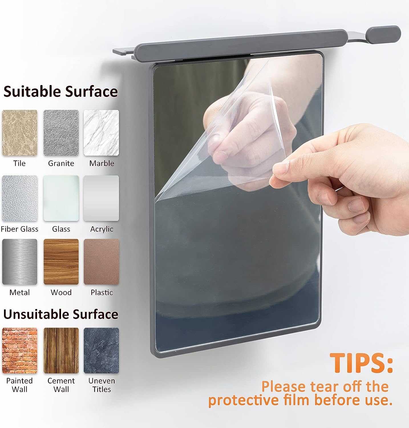 Shower Mirror Fogless for Shaving with Razor Holder, Large Anti Fog Mirror Fogless Suction Wall Mounted NO-Drilling & Removable, Shatterproof & Waterproof - Men and Women (Grey)