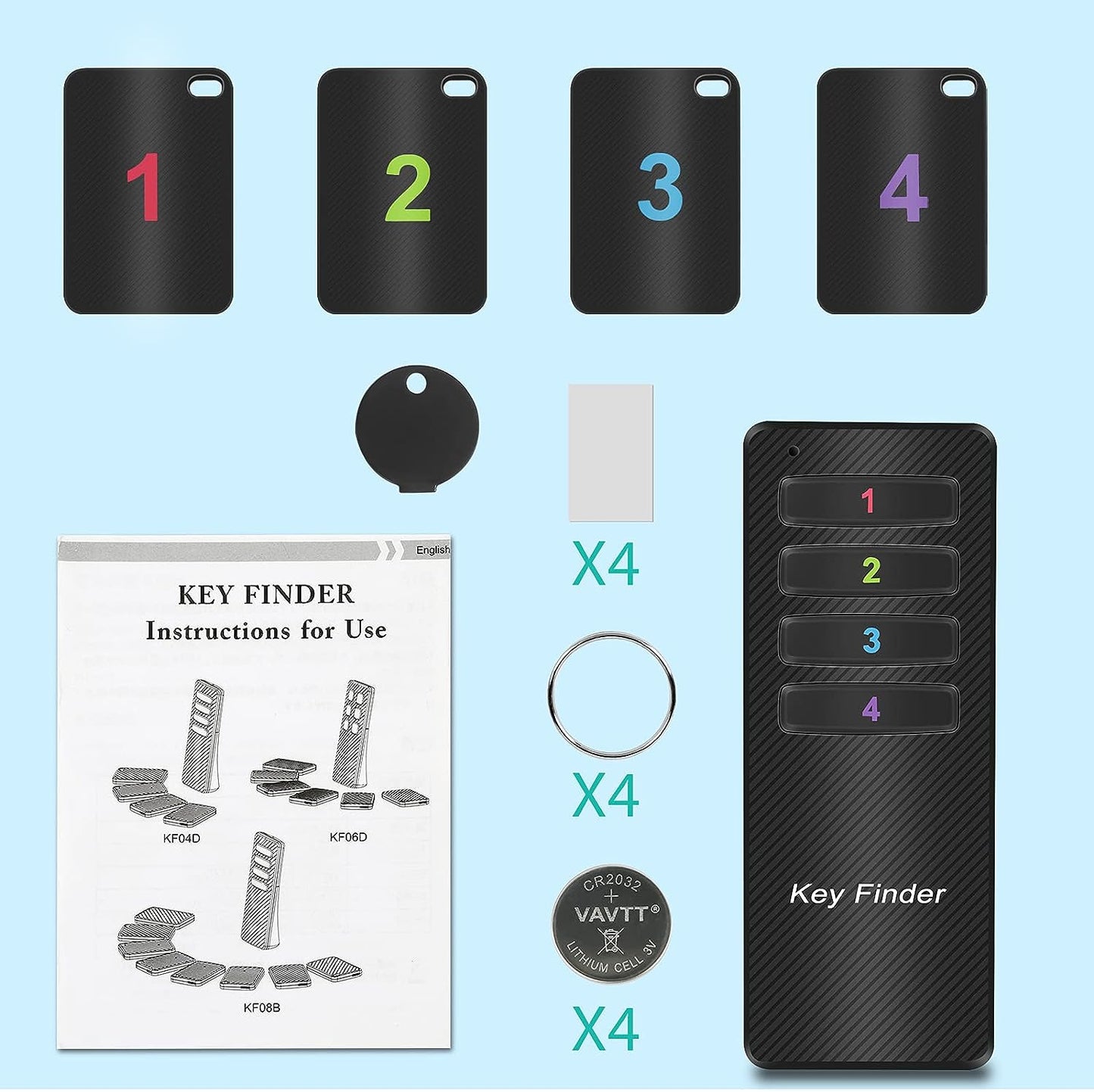 First-Rate Key Finder, Stick on TV Remote Control Finder | Find My Keys Device, 4 Pack Wireless Car Key Finders That Make Noise | 115ft Range 85dB RF Key Tracker, Phone/Wallet Finder with 4 Item Locator Tags