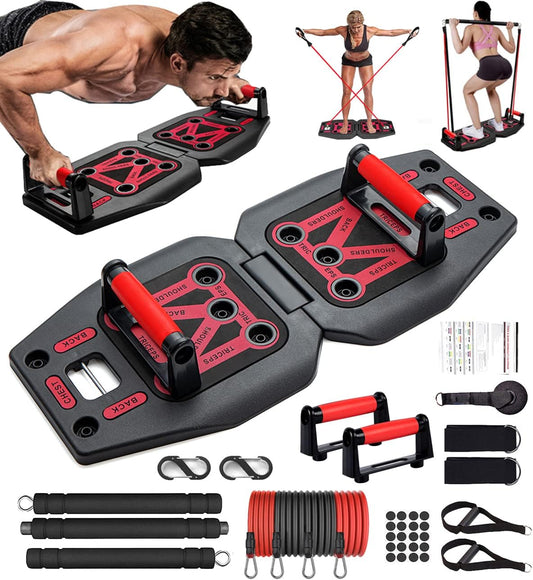 Home Gym Exercise Equipment - Portable Workout System 17 Fitness Accessories 9 in1 Push Up Board Set, Resistance Bands with Pilates Bar Strength Training Abs Shoulders Back Butt