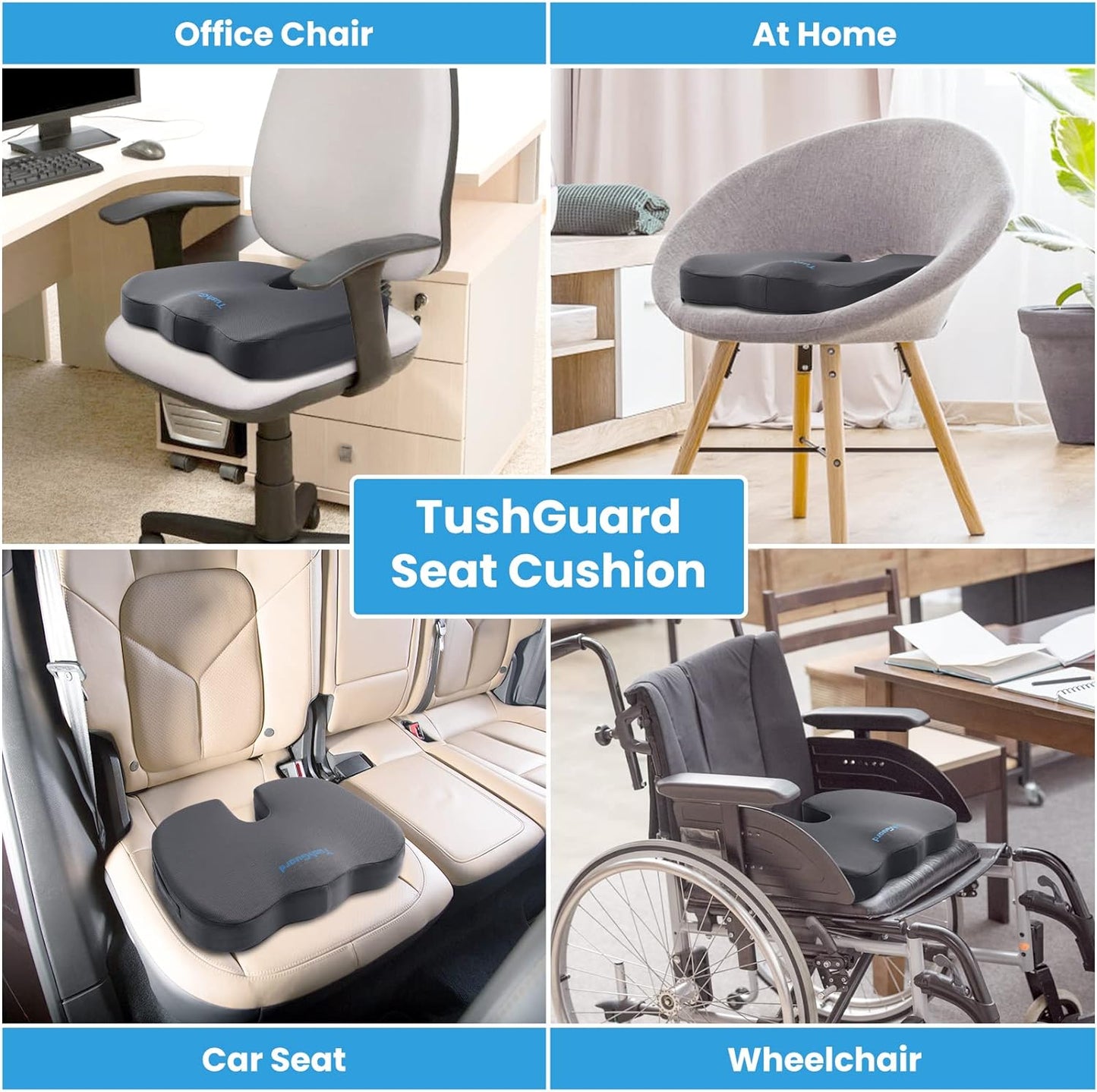 Impressive TushGuard Seat Cushion for Office Desk Chair, Memory Foam, Non-Slip, Cushion Back, Coccyx, Sciatica, Tailbone Pain Relief Butt Pillow for Car, Wheelchair, Black