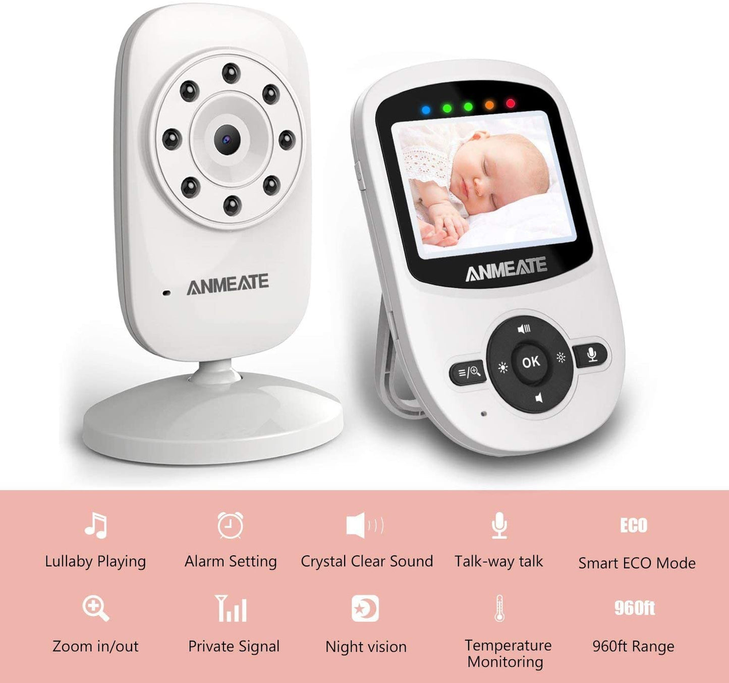 Video Baby Monitor with Digital Camera, ANMEATE Digital 2.4Ghz Wireless Video Monitor with Temperature Monitor, 960ft Transmission Range, 2-Way Talk, Night Vision, High Capacity Battery