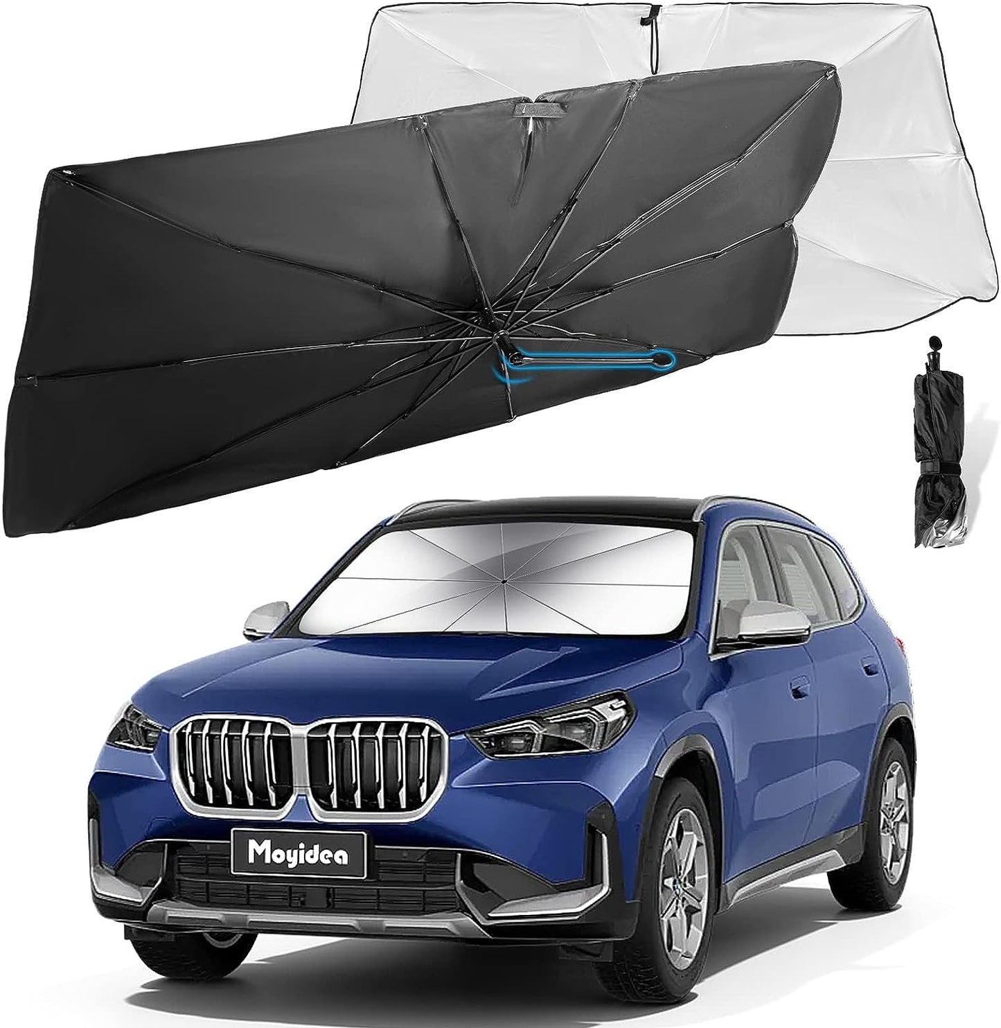 THE Moyidea Car Windshield Sun Shade - Foldable Umbrella Reflective Sunshade for Car Front Window Block UV Rays and Heat Car Visor Keep Vehicle Cool Cover Most Cars, SUV, Truck for Auto Windshield