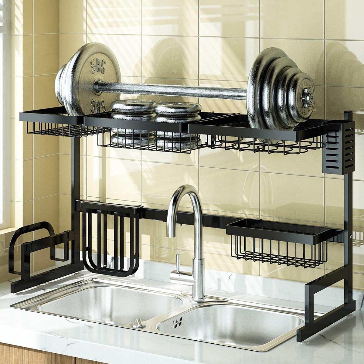 Over Sink(24"-40") Dish Drying Rack, Adjustable Cutlery Holders Drainer Shelf for Kitchen