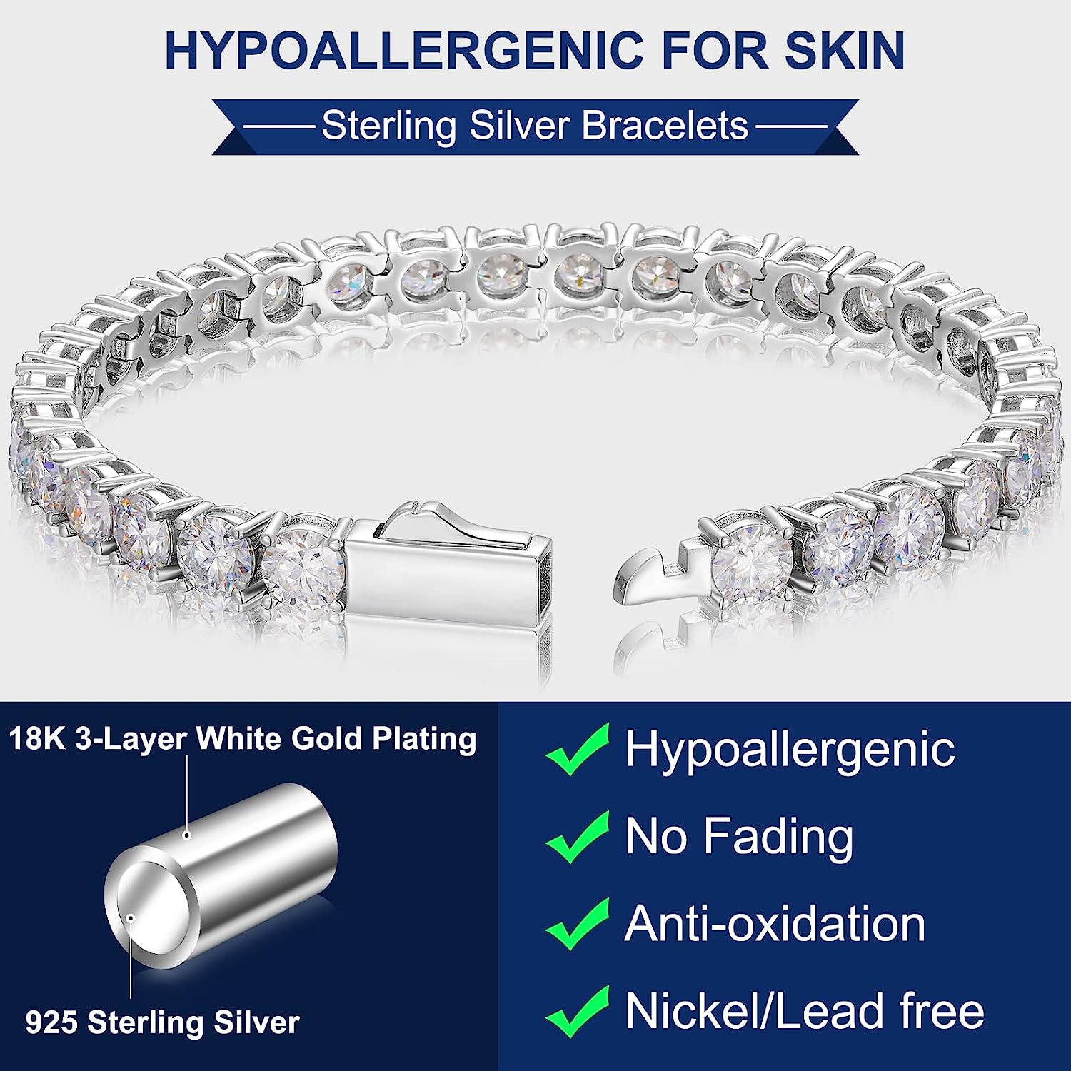Daywear Tennis Bracelet, .926 Sterling Silver Diamond CZ Waterproof Luxury Hypoallergenic Bracelet