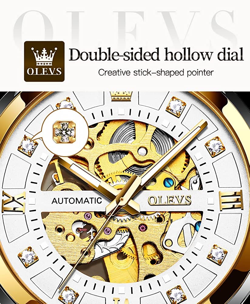 OLEVS Men’s Automatic Mechanical Watches Gold Skeleton Luxury Dress self Winding Shiny Diamond Stainess Steel Waterproof Wrist Watches