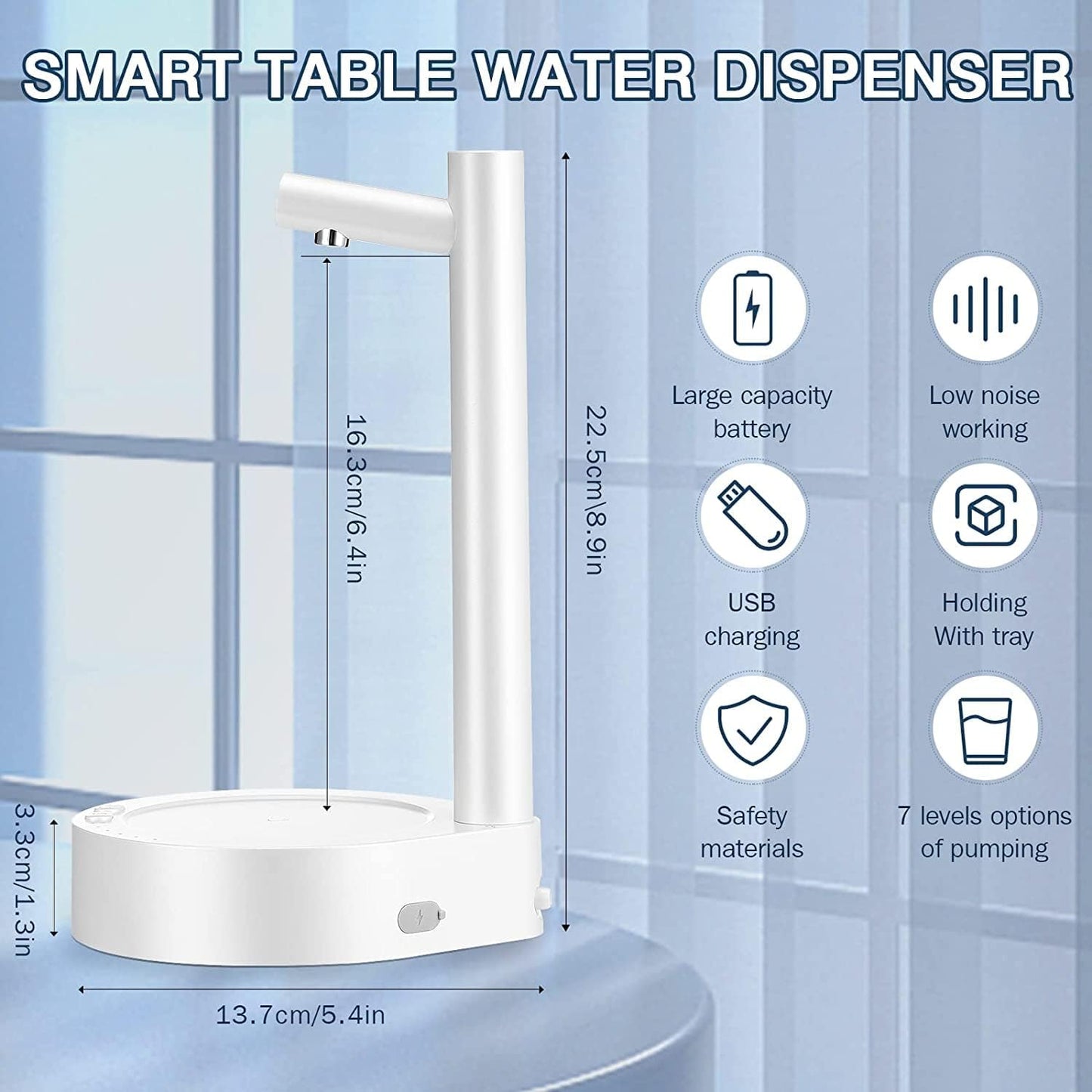Water Dispenser for Desktop, 7 Quantitative Levels Water Pump Mini Tablet Countertop for 1 2 3 4 5-Gallon Bottle (Dark Blue)