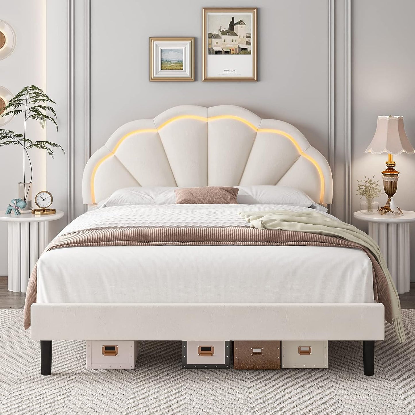 Smart LED Bed Frame with Adjustable Elegant Flowers Headboard, Platform Bed Frame Queen Size with Wooden Slats Support, No Box Spring Needed, Easy Assembly, Beige