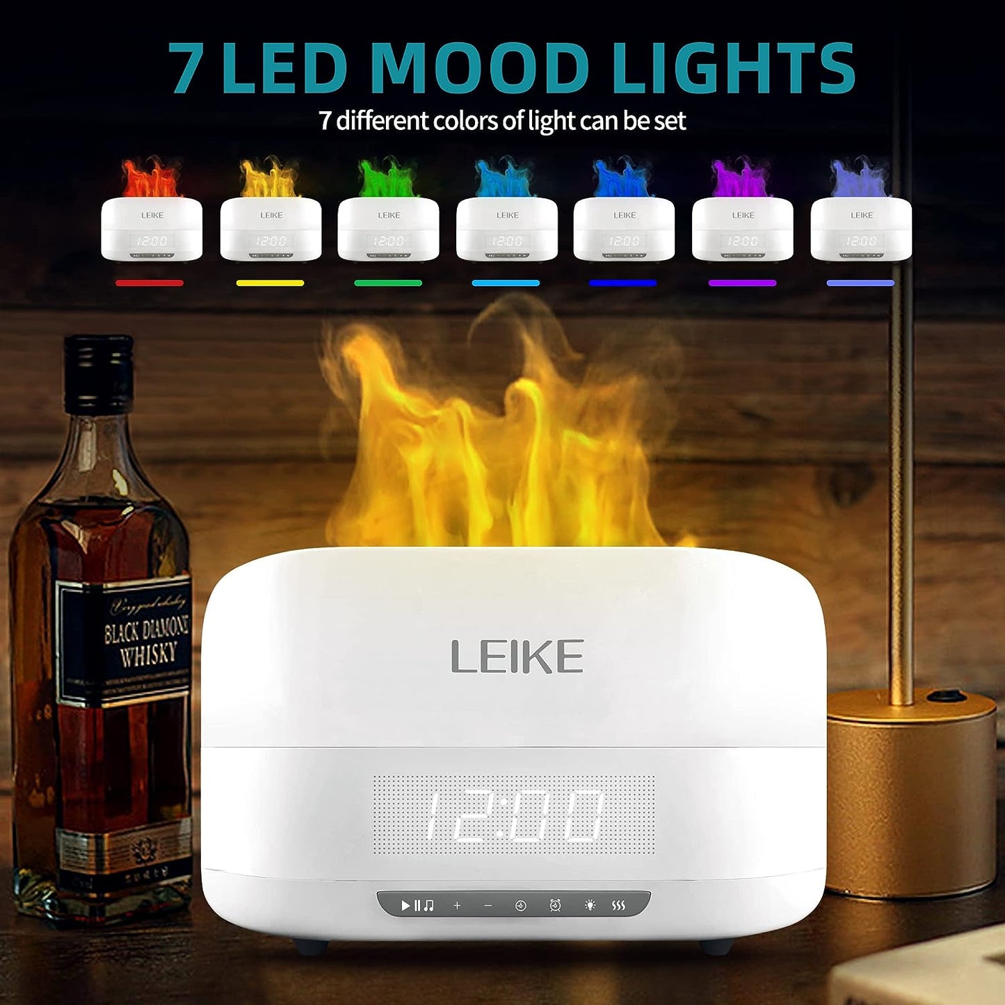 400ML Flame Air Aroma Diffuser Humidifier with Bluetooth Speaker, 7 Colors Flame Auto-Off Diffusers for Essential Oil Large Room with Digital Alarm Clocks for Bedrooms Home Decor Gifts