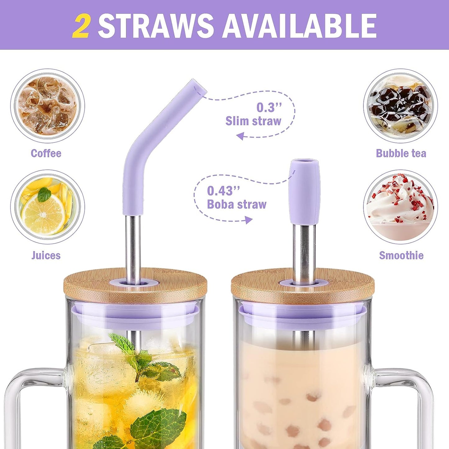 20 oz Glass Coffee Tumbler with Handle, Smoothie Cup with Bamboo Lid | Time Marker | Silicone Protective Sleeve, BPA Free - Amber & Purple
