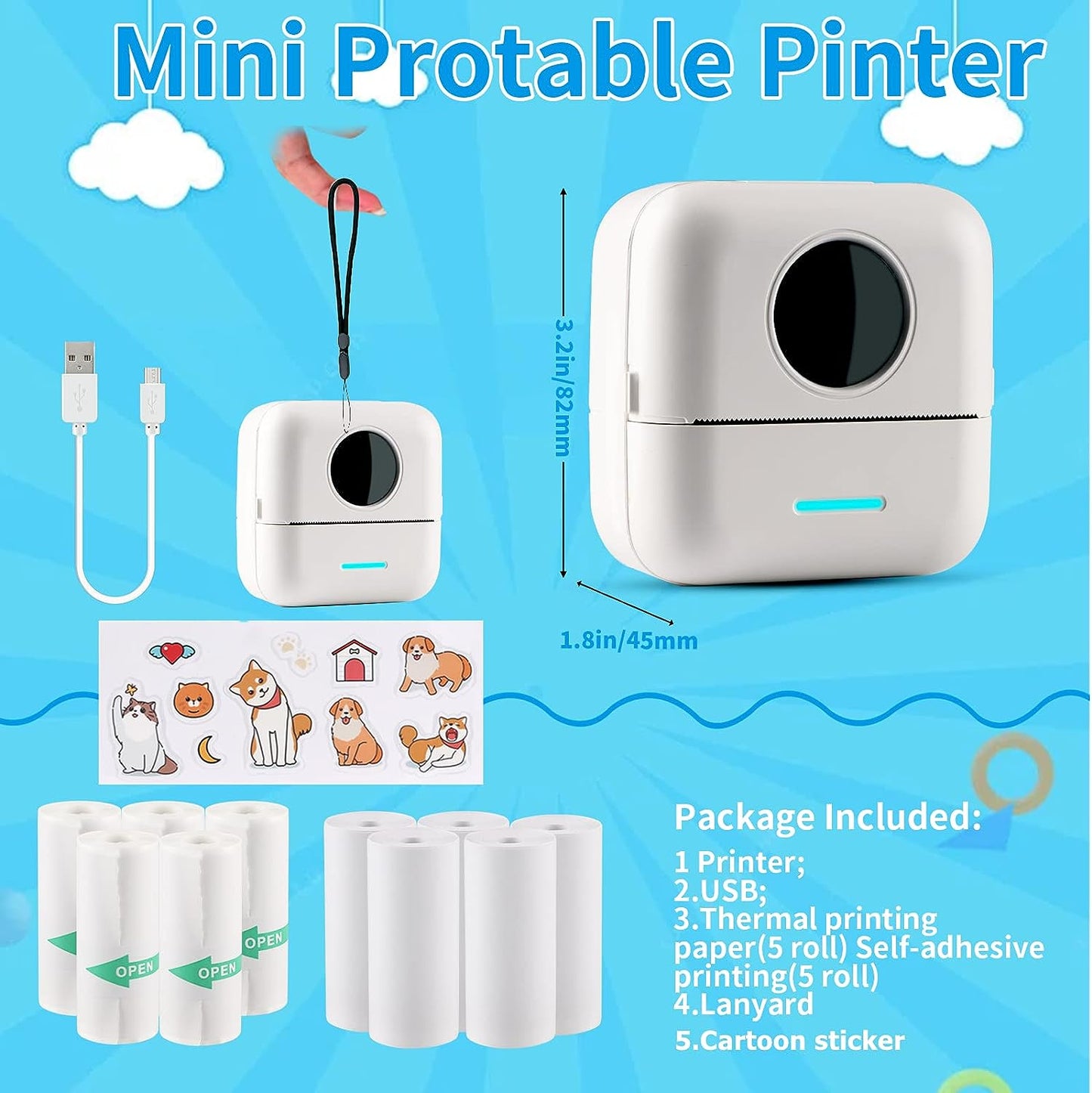 Mini Sticker Printer Bluetooth Smart Pocket Inkless Thermal Printer with 10 Rolls Thermal Paper and Sticker for iOS&Android, Portable Receipt Printer for Photo Journal Notes Memo