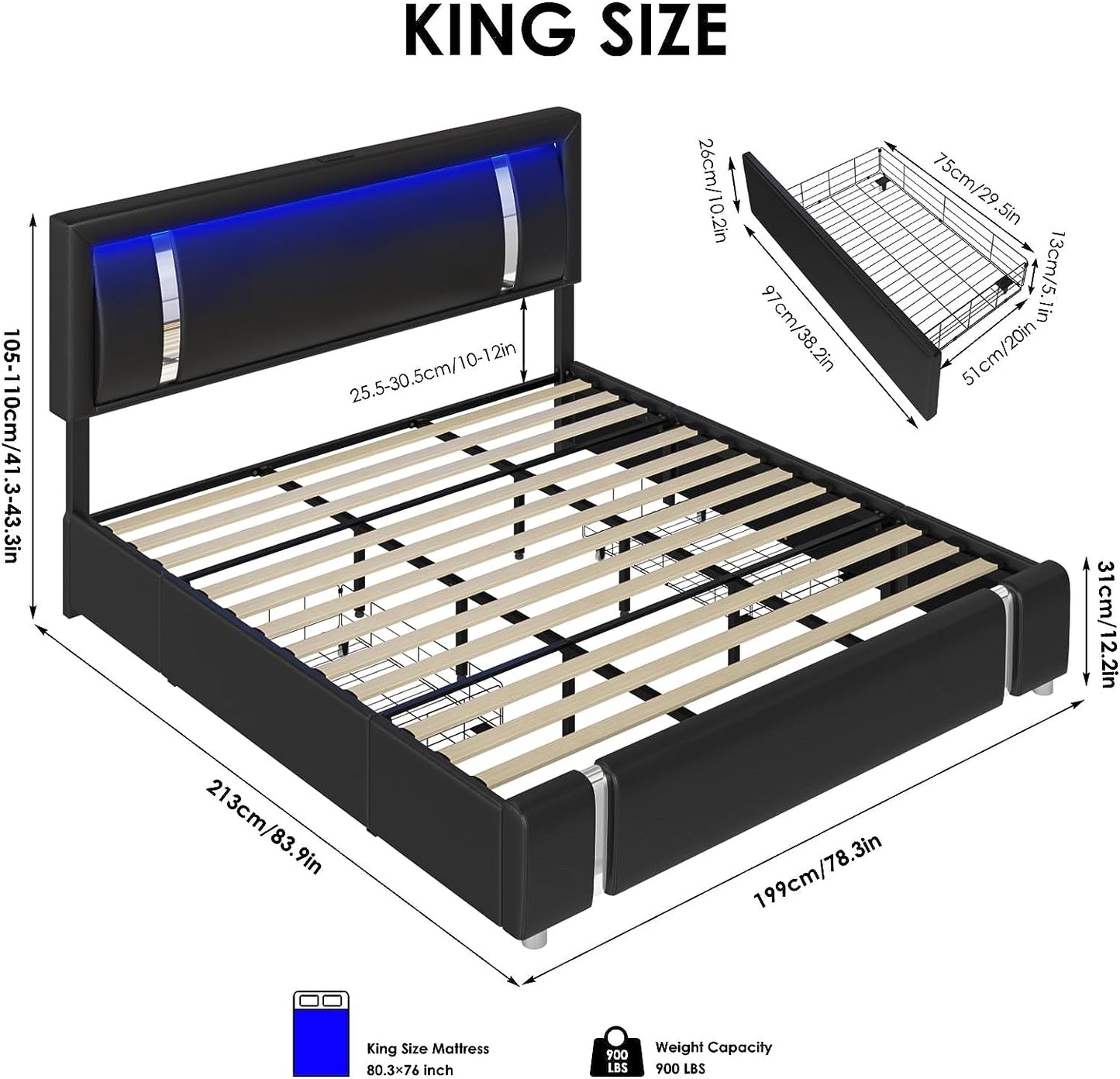 Full Size Bed Frame with RGB LED Lights Headboard & 2 Storage Drawers, Modern Upholstered Faux Leather Smart Platform Bed with Iron Metal Decor, USB & USB-C Charging Ports, No Box Spring Needed, Black