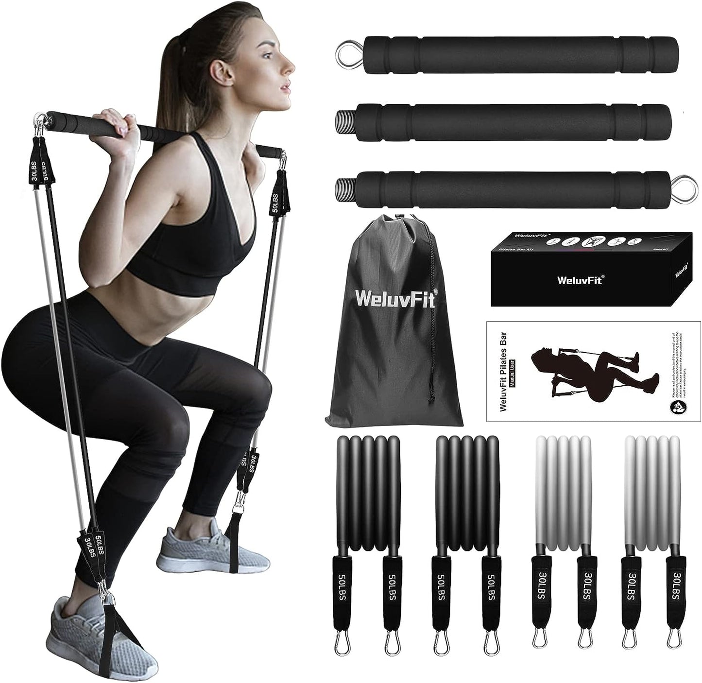 GOOD Pilates Bar Kit with Resistance Bands, WeluvFit Exercise Fitness Equipment for Women & Men, Home Gym Workouts Stainless Steel Stick Squat Yoga Pilates Flexbands Kit for Full Body Shaping