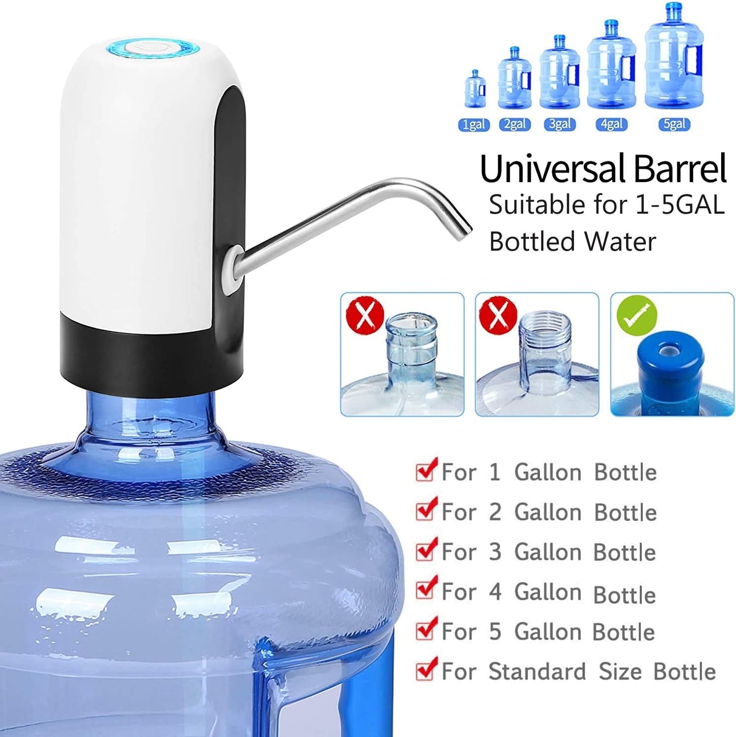 Water Bottle Dispenser 5 Gallon Water Bottle Pump USB Charging Automatic Drinking Water Pump Portable Electric Water Dispenser Water Bottle Switch for Universal 5 Gallon Bottle - Black
