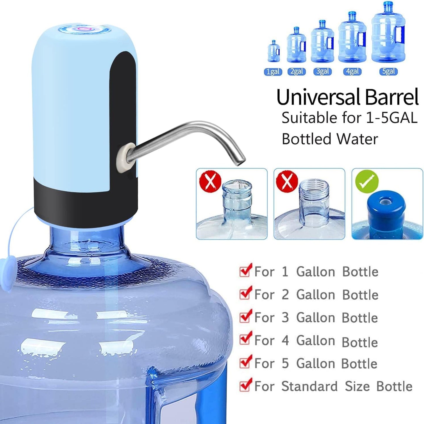 Water Bottle Dispenser 5 Gallon Water Bottle Pump USB Charging Automatic Drinking Water Pump Portable Electric Water Dispenser Water Bottle Switch for Universal 5 Gallon Bottle - Black