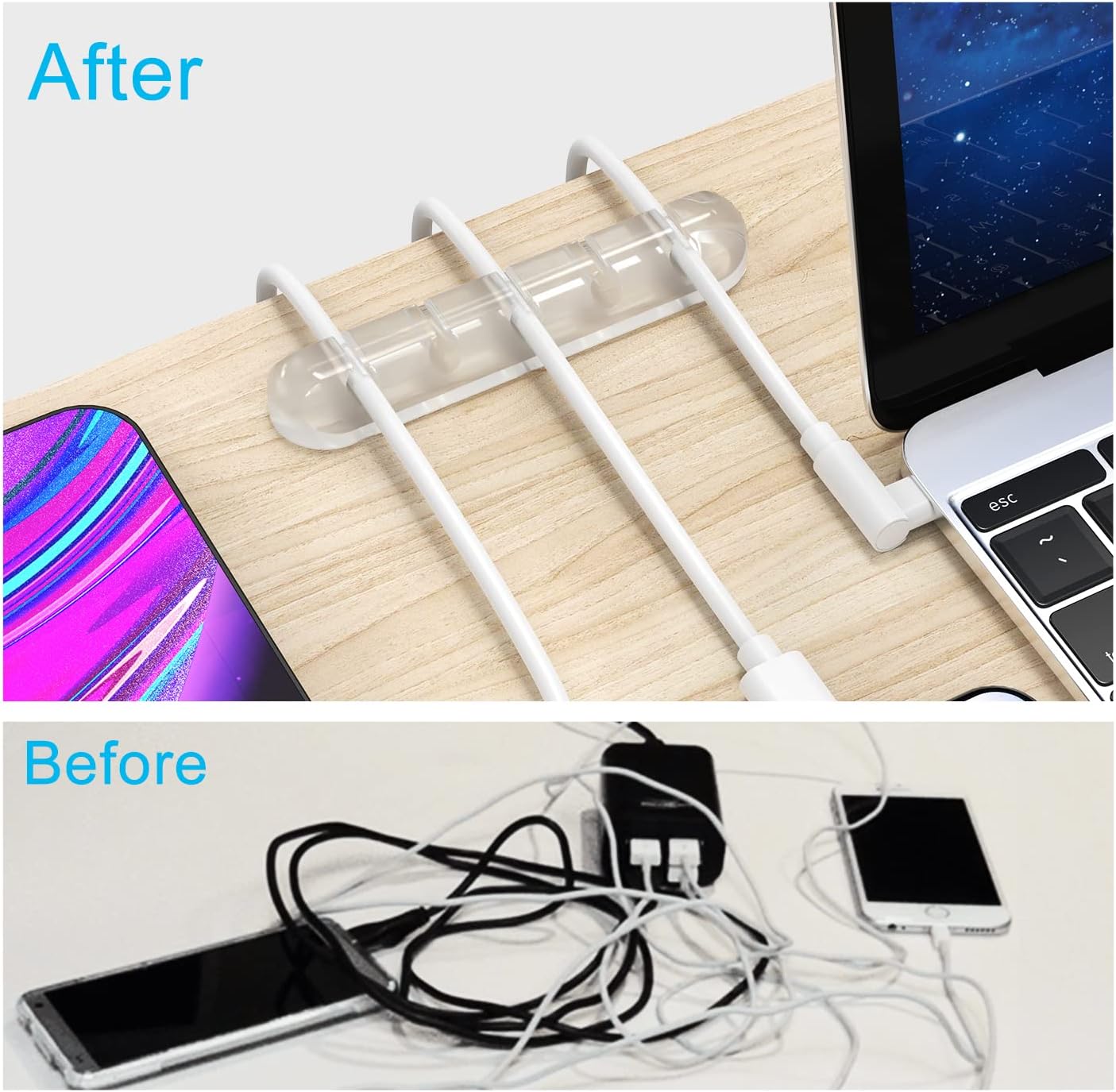 Great Cable Organizer White Cord Holder, Wire Organizer USB Cable Management Cord Keeper, 3 Packs Cable Clips for Car Home and Office (7, 5, 3 Slots)