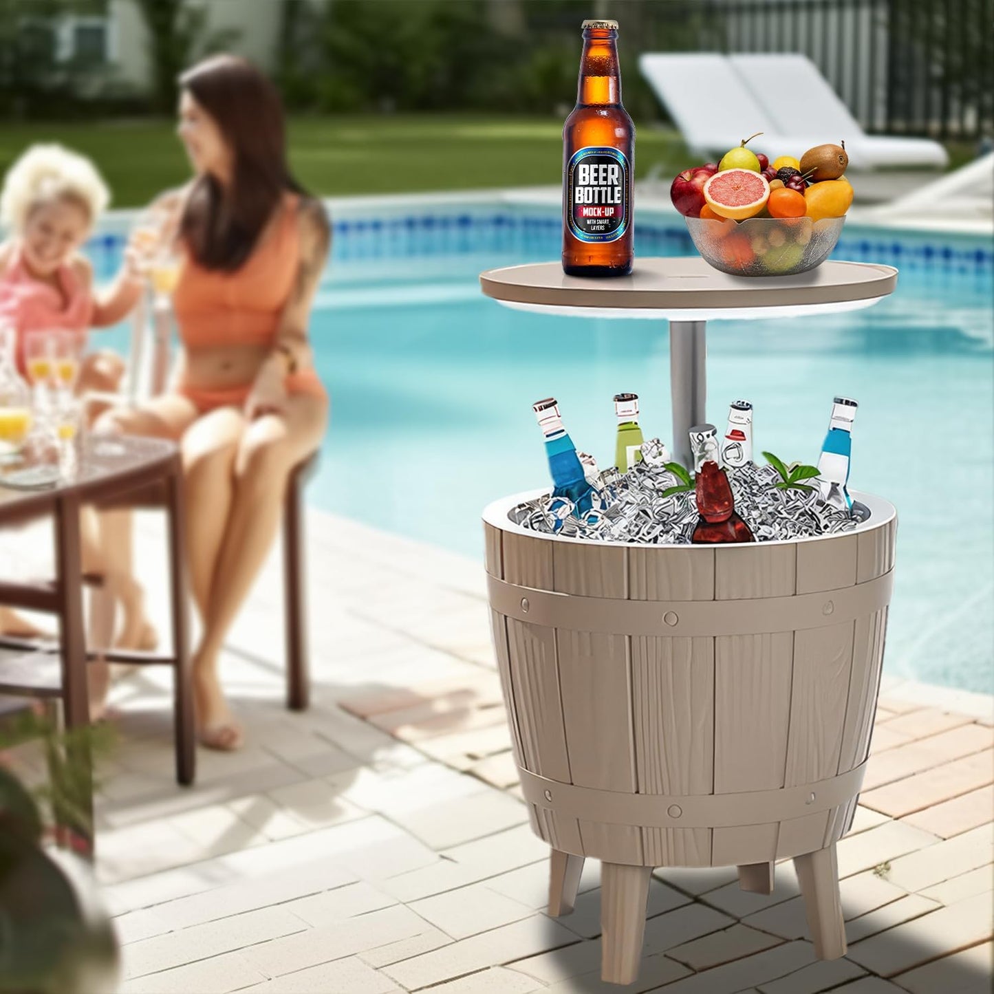 OUTSTANDING Outdoor Cool Bar Table, 8 Gallon Beer and Wine Cooler Table, Patio Furniture & Hot Tub Side Table, Beverage Cooler, Rattan Style Patio, Cocktail Bar for Patio Pool Party-Grey