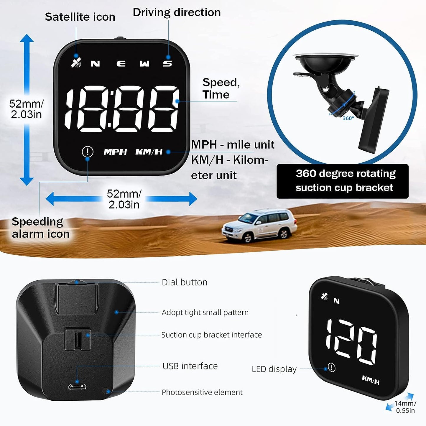 Head Up Display Car Universal Digital GPS Speedometer with Speed MPH, Compass Driving Direction, Fatigue Driving Reminder, Overspeed Alarm Trip Meter, for All Vehicle iKiKin G4S