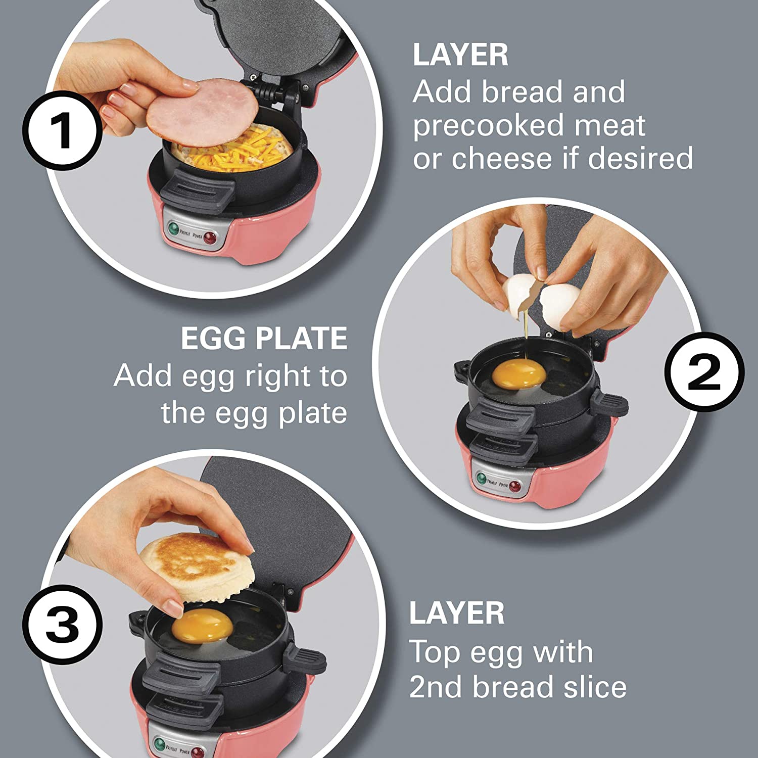 Breakfast Sandwich Maker with Egg Cooker Ring, Customize