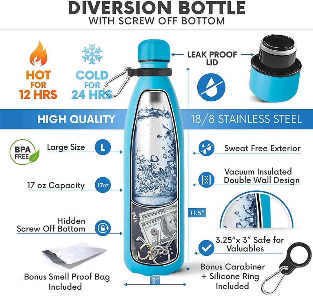 SPECIAL Diversion Safe Water Bottle Can Hidden Bottom for Valuables 17ounce Liquid Capacity Dry Storage Compartment Stainless Steel Vacuum Insulated BONUS with Bag (Silver)