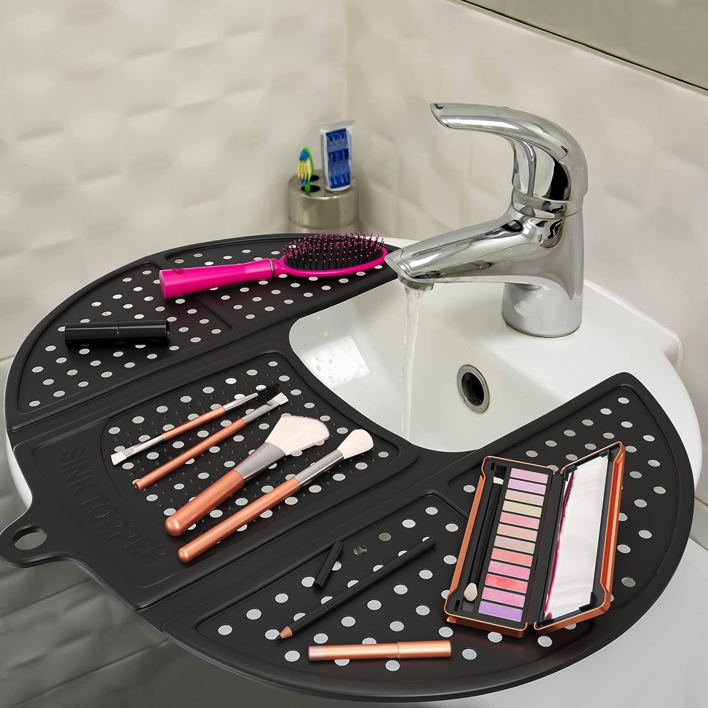 Sink Topper Foldable Sink Cover - Silicone Beauty Makeup Brush Cleaning Mat - Hot Tools Organizer - Bathroom Must Have Accessory for Extra Space & Storage Saver - Traveling - Standard, Black