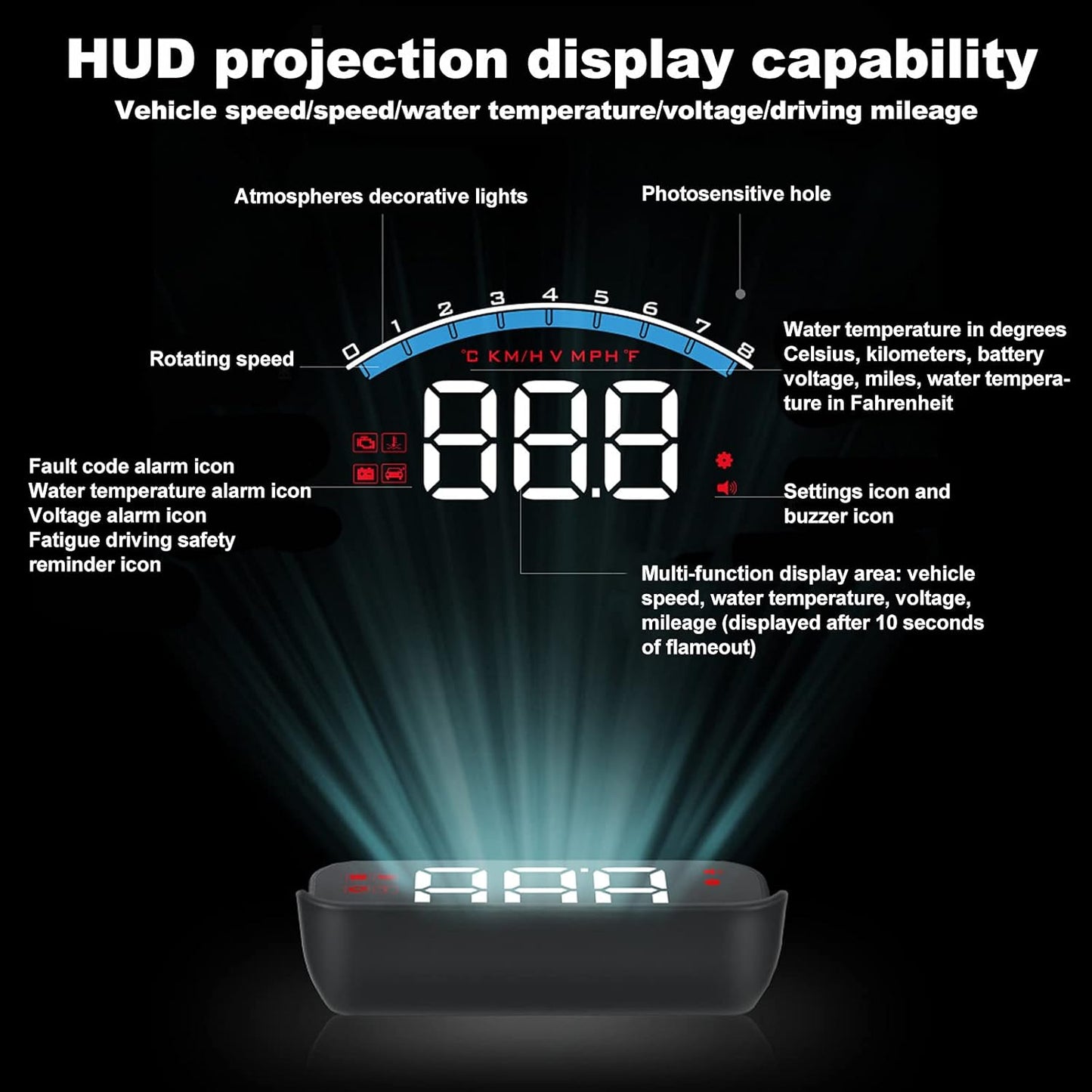 Toothbace Heads Up Display for Cars, Universal Car 3.5 Inch HUD OBD2 Interface Windshield Projector Digital Speedometer Mph, OverSpeed Warning, Water Temperature, Battery Voltage, Mileage Measurement