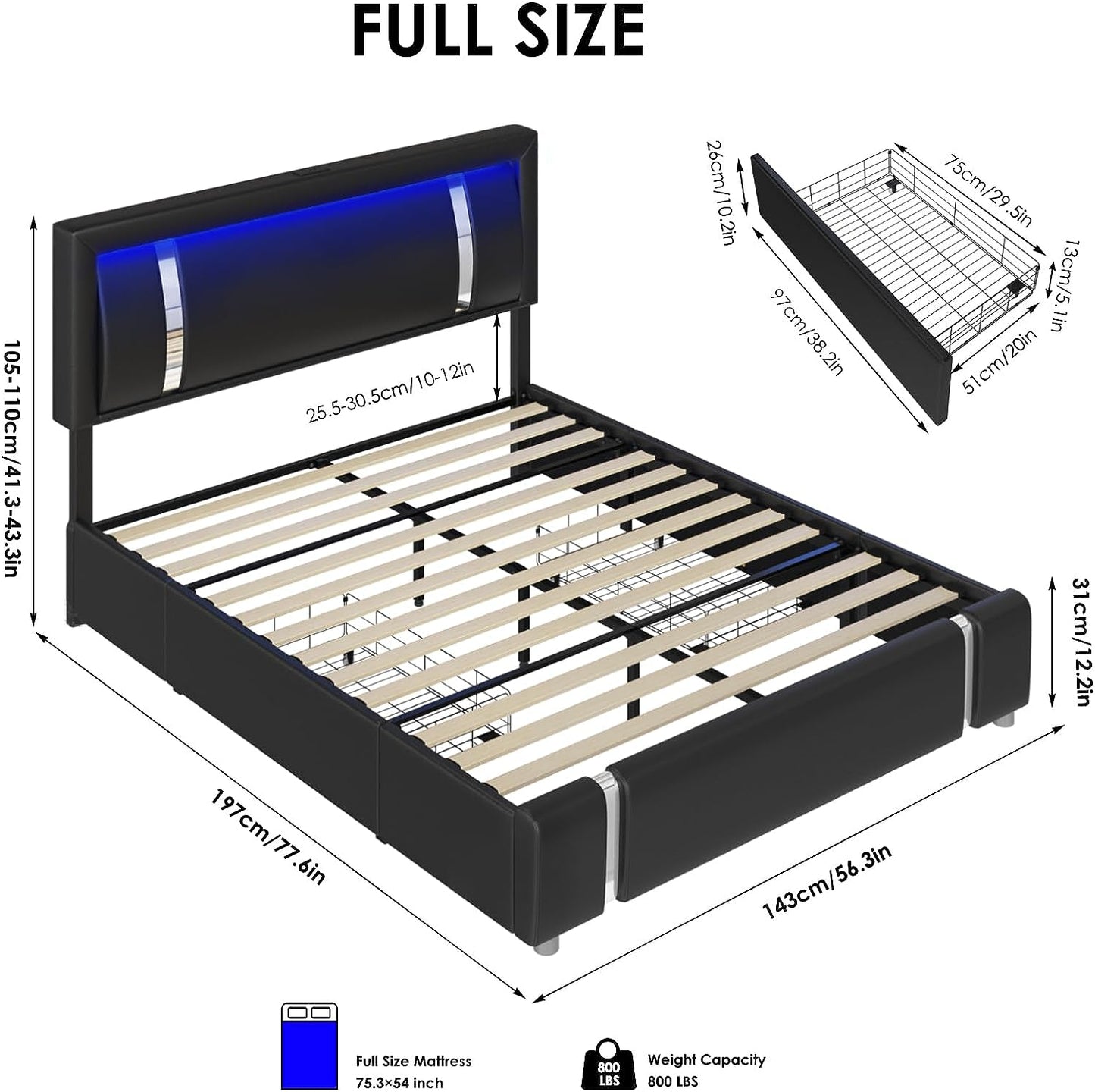 Full Size Bed Frame with RGB LED Lights Headboard & 2 Storage Drawers, Modern Upholstered Faux Leather Smart Platform Bed with Iron Metal Decor, USB & USB-C Charging Ports, No Box Spring Needed, Black