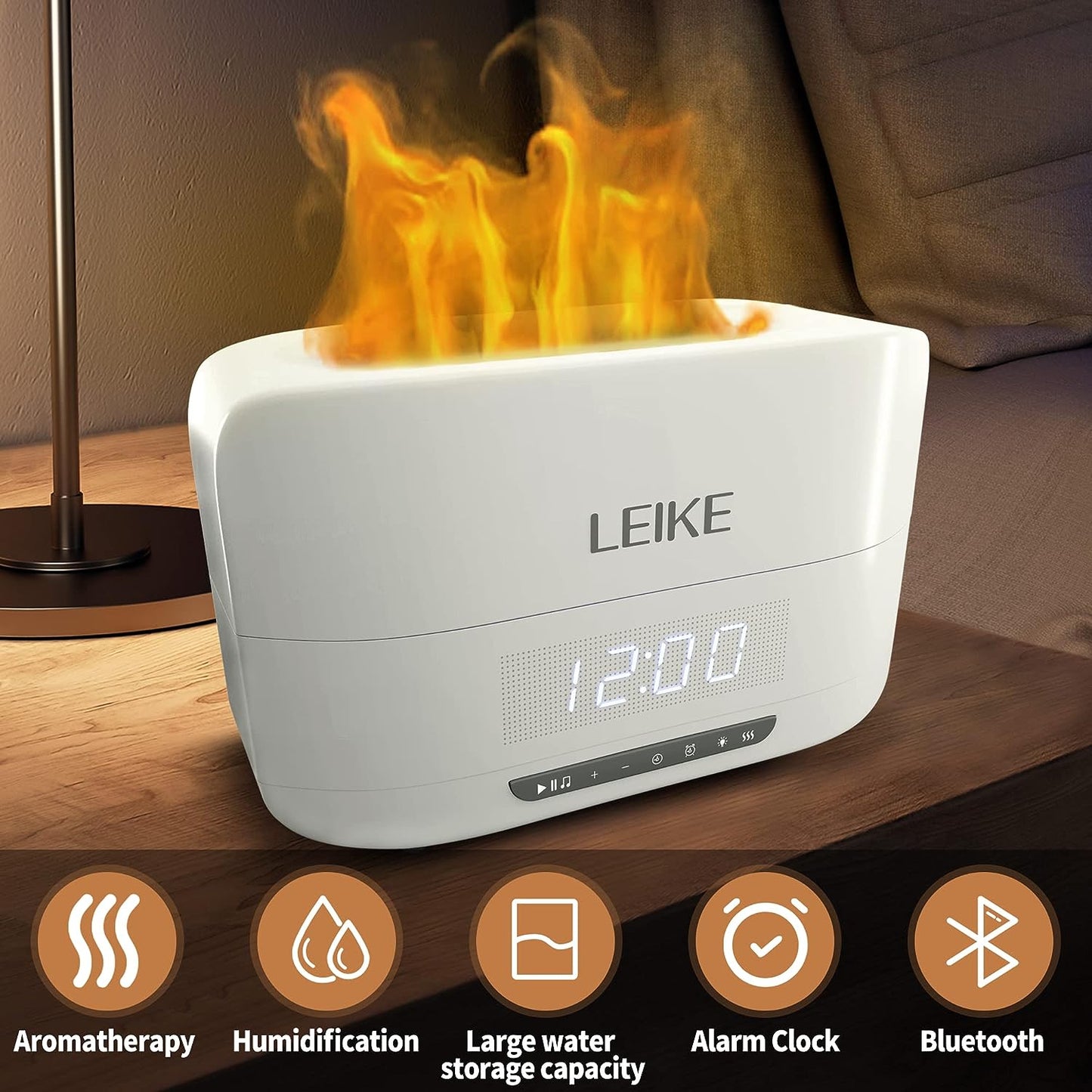 LEIKE 400ML Flame Air Aroma Diffuser Humidifier with Bluetooth Speaker, 7 Colors Flame Auto-Off Diffusers for Essential Oil Large Room with Digital Alarm Clocks for Bedrooms Home Decor Gifts