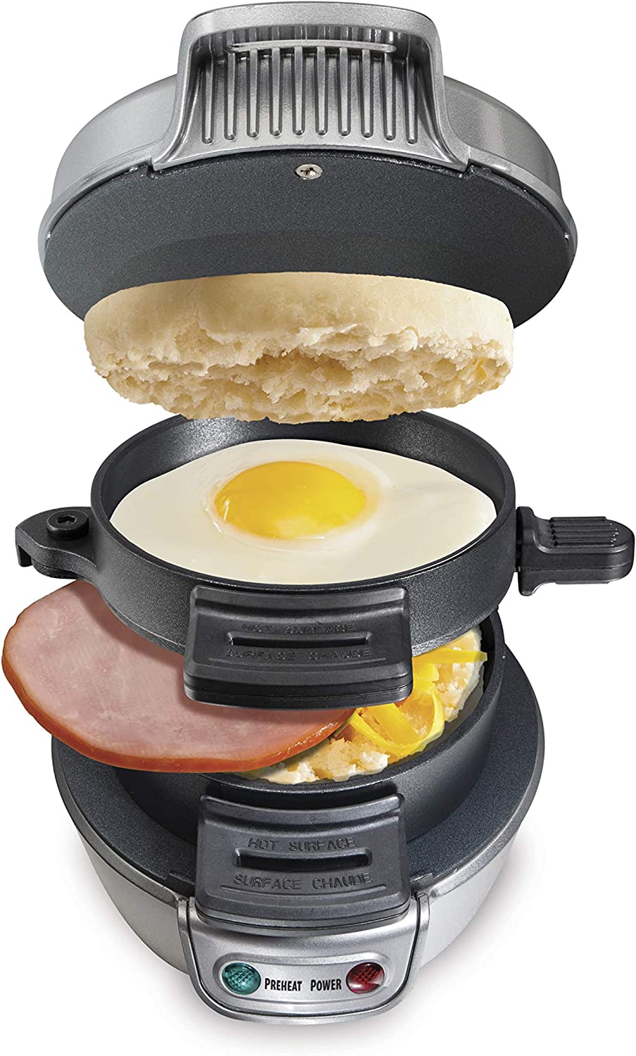 Hamilton Beach Breakfast Sandwich Maker with Egg Cooker Ring, Customize Ingredients, Perfect for English Muffins, Croissants, Mini Waffles, Single, Silver