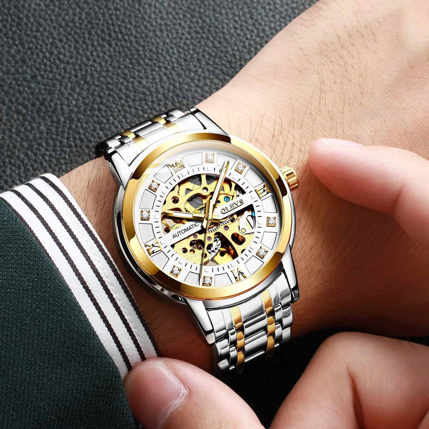 OLEVS Men’s Automatic Mechanical Watches Gold Skeleton Luxury Dress self Winding Shiny Diamond Stainess Steel Waterproof Wrist Watches