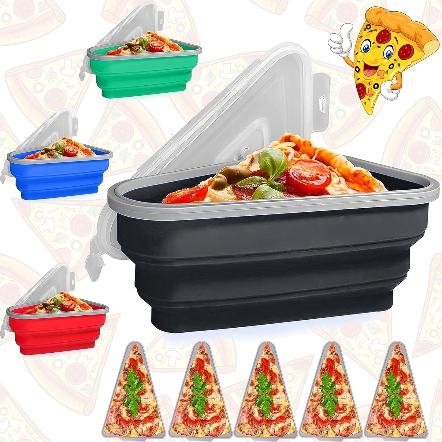 Al Razaak Pizza Storage Container Silicone Collapsible includes 5 trays, Reusable Pizza Storage Container, Saves Fridge Space - Microwave & Dishwasher Safe, Pizza Slice Pack Storage Container Expandable, Leftover Pizza Slice Storage Container Saver, Silic