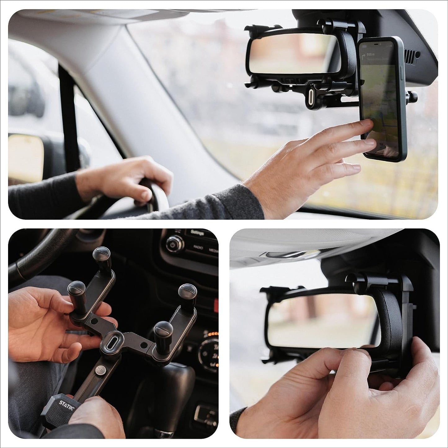 EXCELLENT Magnetic Car Rear View Mirror Phone Holder | Eye Level Driving | 360 Rotation Retractable Adjustable | Sturdy Rearview Mirror Phone Mount Magnet