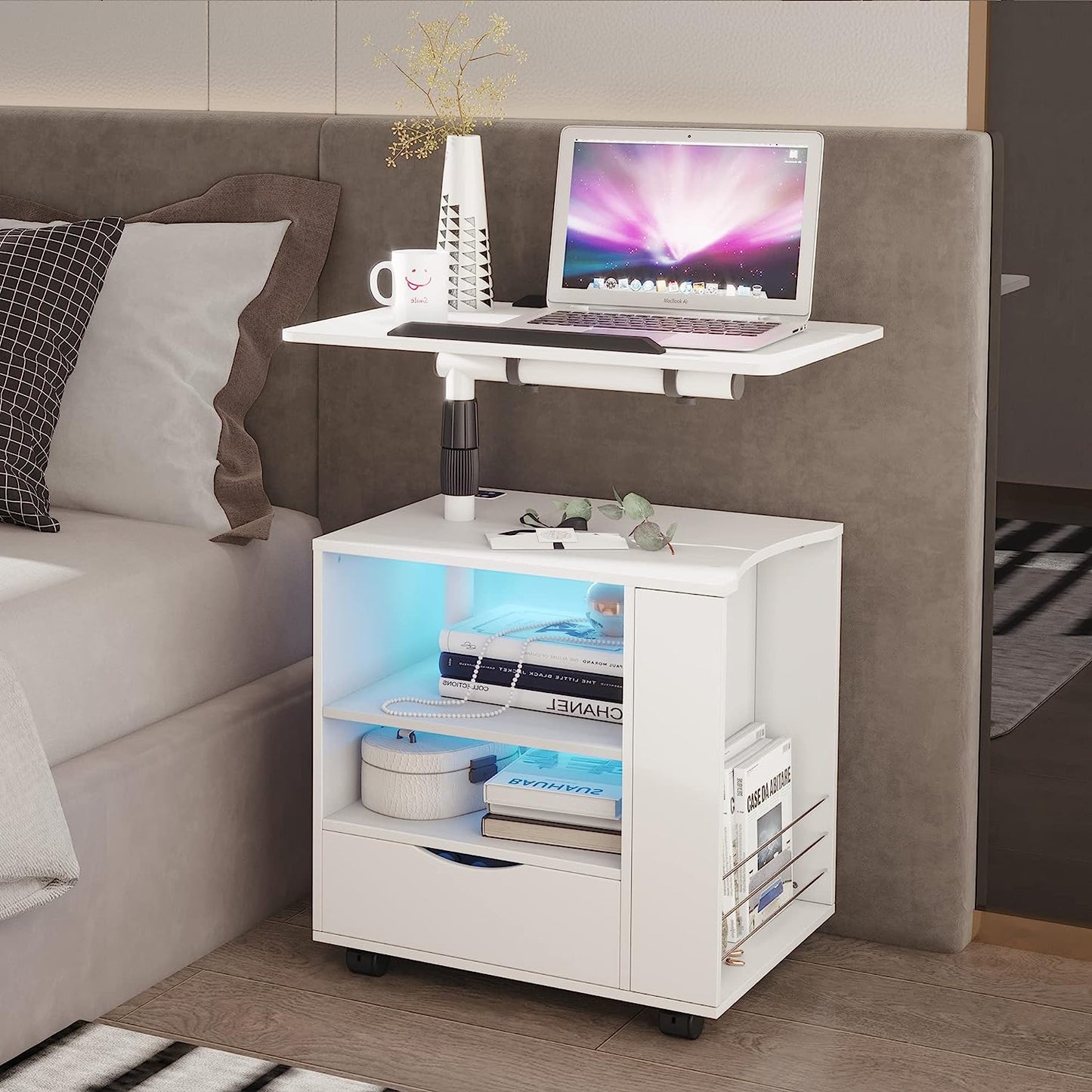 dnbss Nightstand with Charging Station and LED Lights, Modern Bedside Table, White Night Stand, End Side Table with Laptop Tray, Storage Shelf, Drawer, Smart Workstation for Bedroom