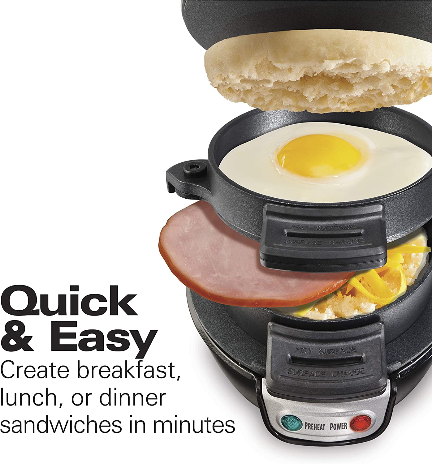 Breakfast Sandwich Maker with Egg Cooker Ring, Customize Ingredients, Perfect for English Muffins, Croissants, Mini Waffles, Single, Silver
