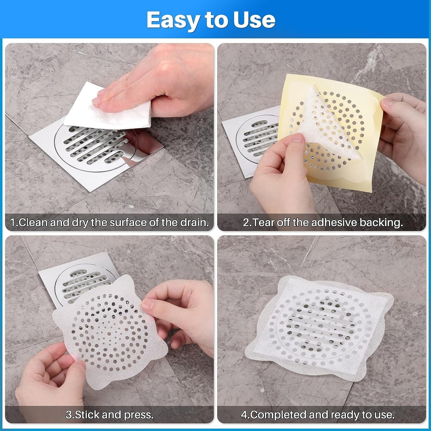 Antimbee (50 Pack, 4.1 inch Diameter) Disposable Drain Catcher, Strong Adhesion Non-Woven Shower Drain Hair Cover Strainer for Bathroom Kitchen Sink