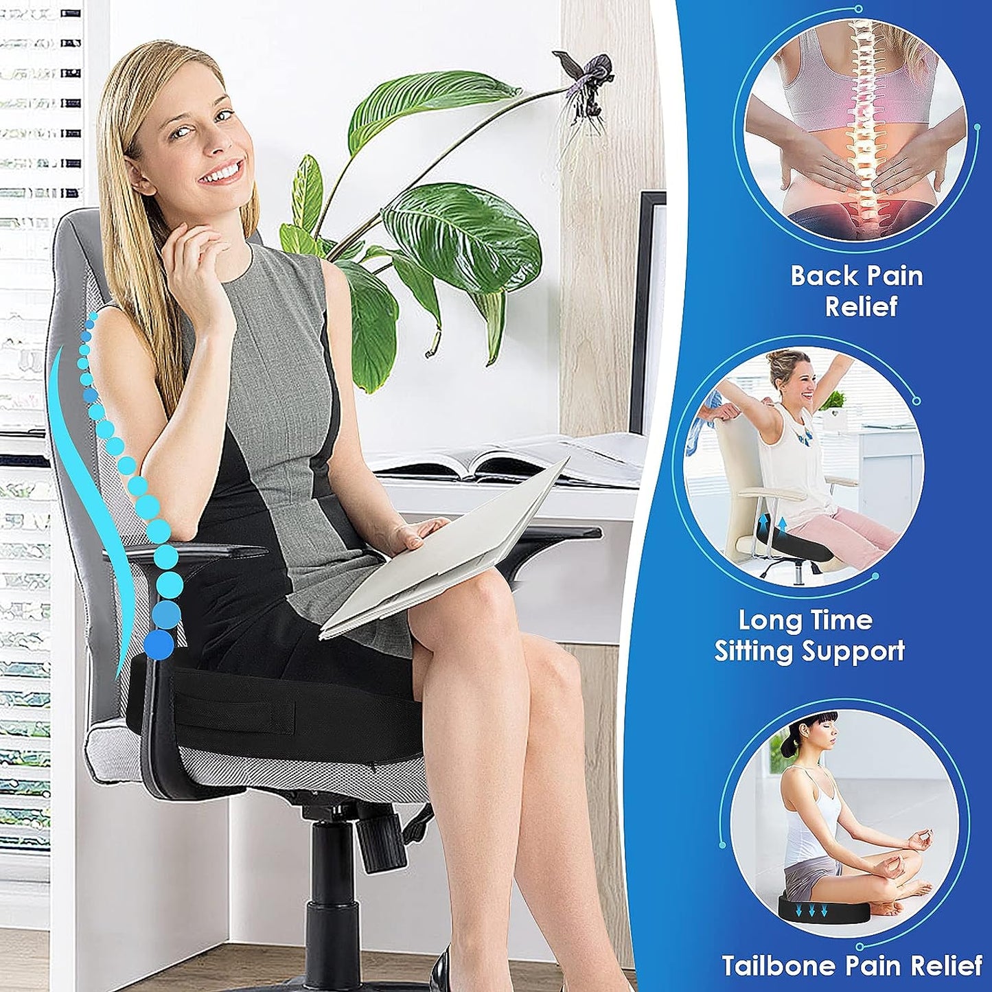 Cushion for Office Desk Chair, Memory Foam, Non-Slip, Cushion Back, Coccyx, Sciatica, Tailbone Pain Relief Butt Pillow for Car, Wheelchair, Black