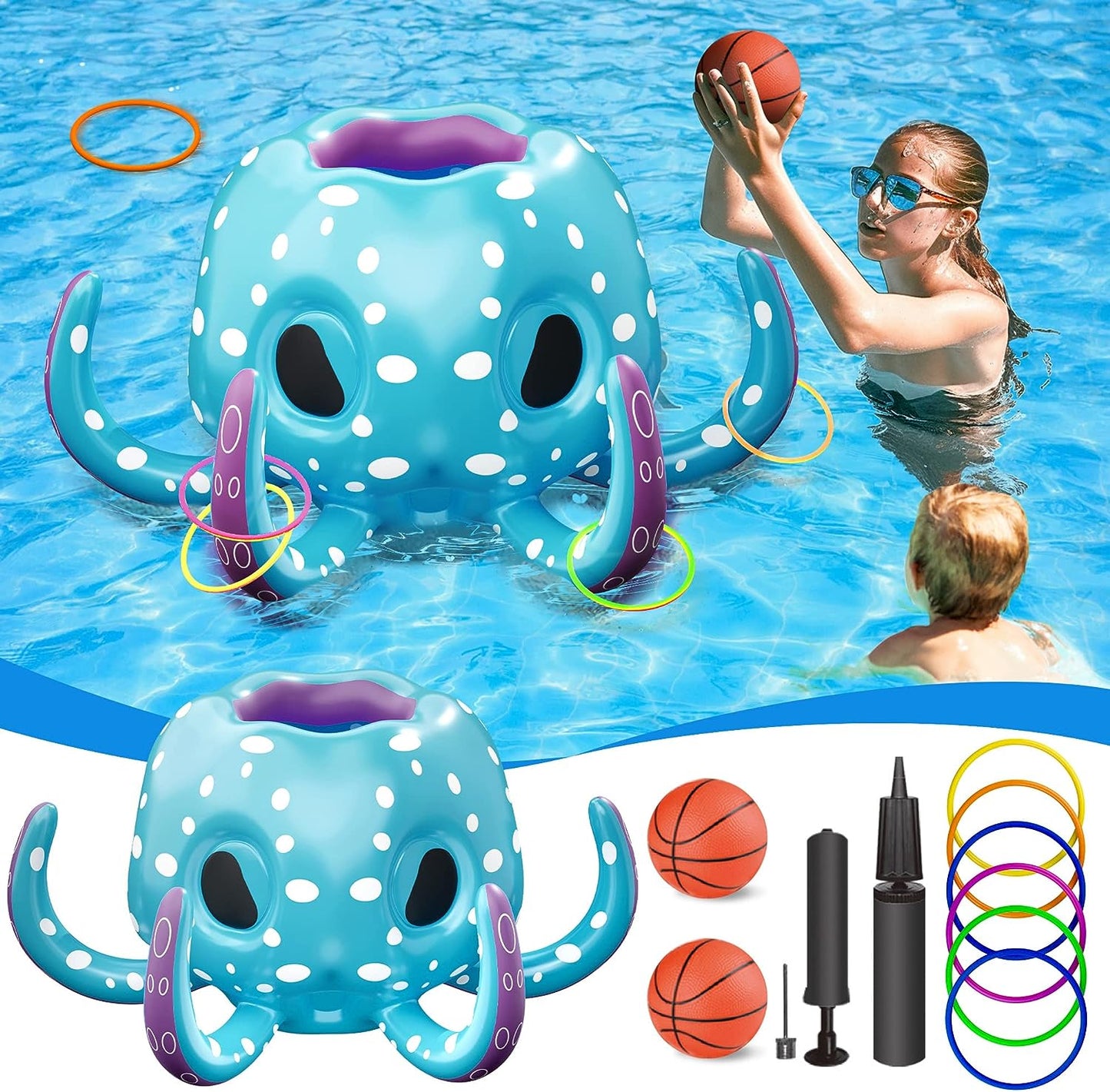 Kids Octopus Pool Toys, 2-in-1 Inflatable Basketball Hoop & Ring Toss Games, Toddler Outdoor Floating Water Fun Play, Cool Summer Swim Family Party Gift 3 4 5 6 7 8 Yr Old Boy Girl Teens