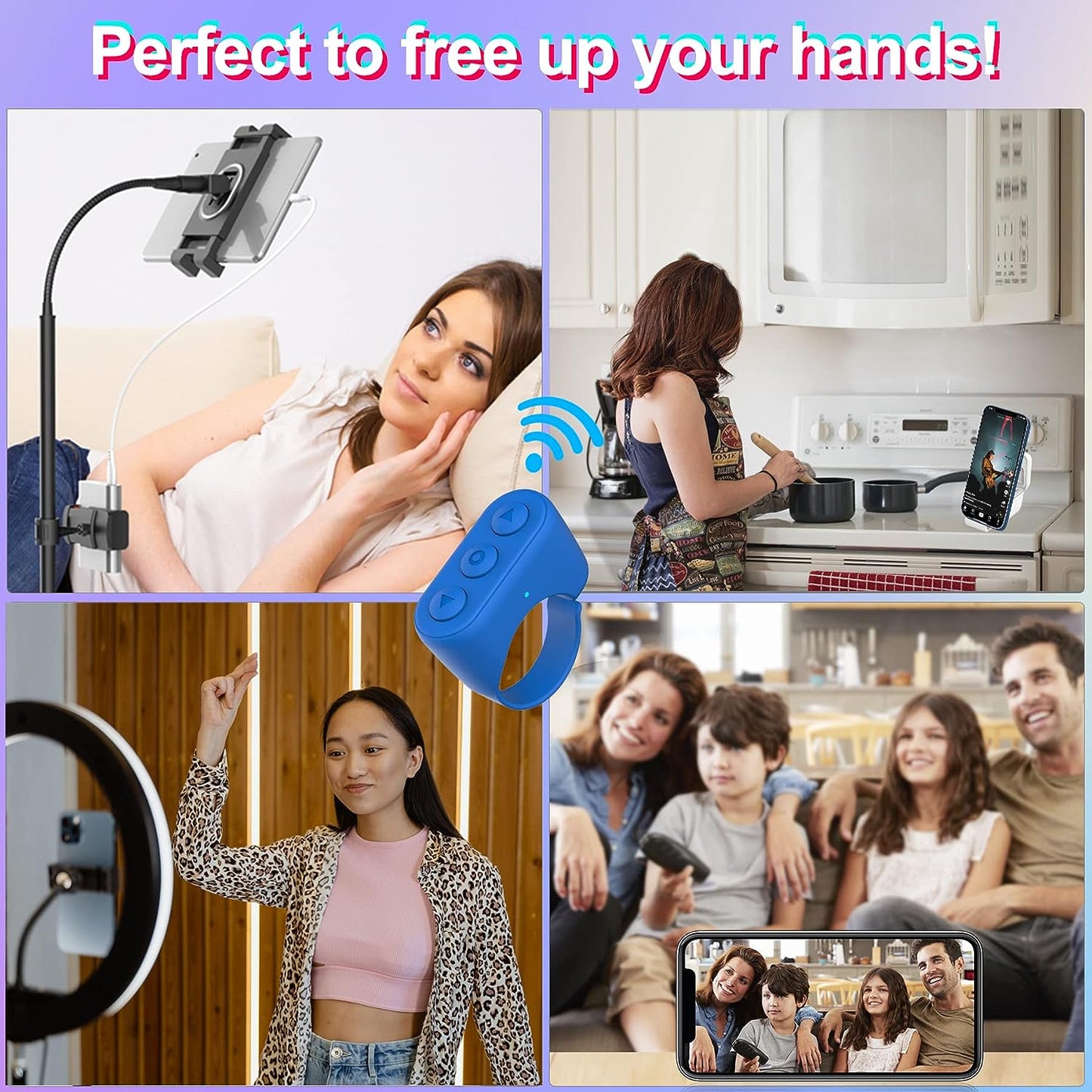 Majestic, Upgrade TIK Tok Bluetooth Remote Control Page Turner, 3 in 1 Function Video Scrolling Ring and Camera Shutter Remote and Phone Holder, Compatible with iPhone iPad Android Cell Phone-Blue