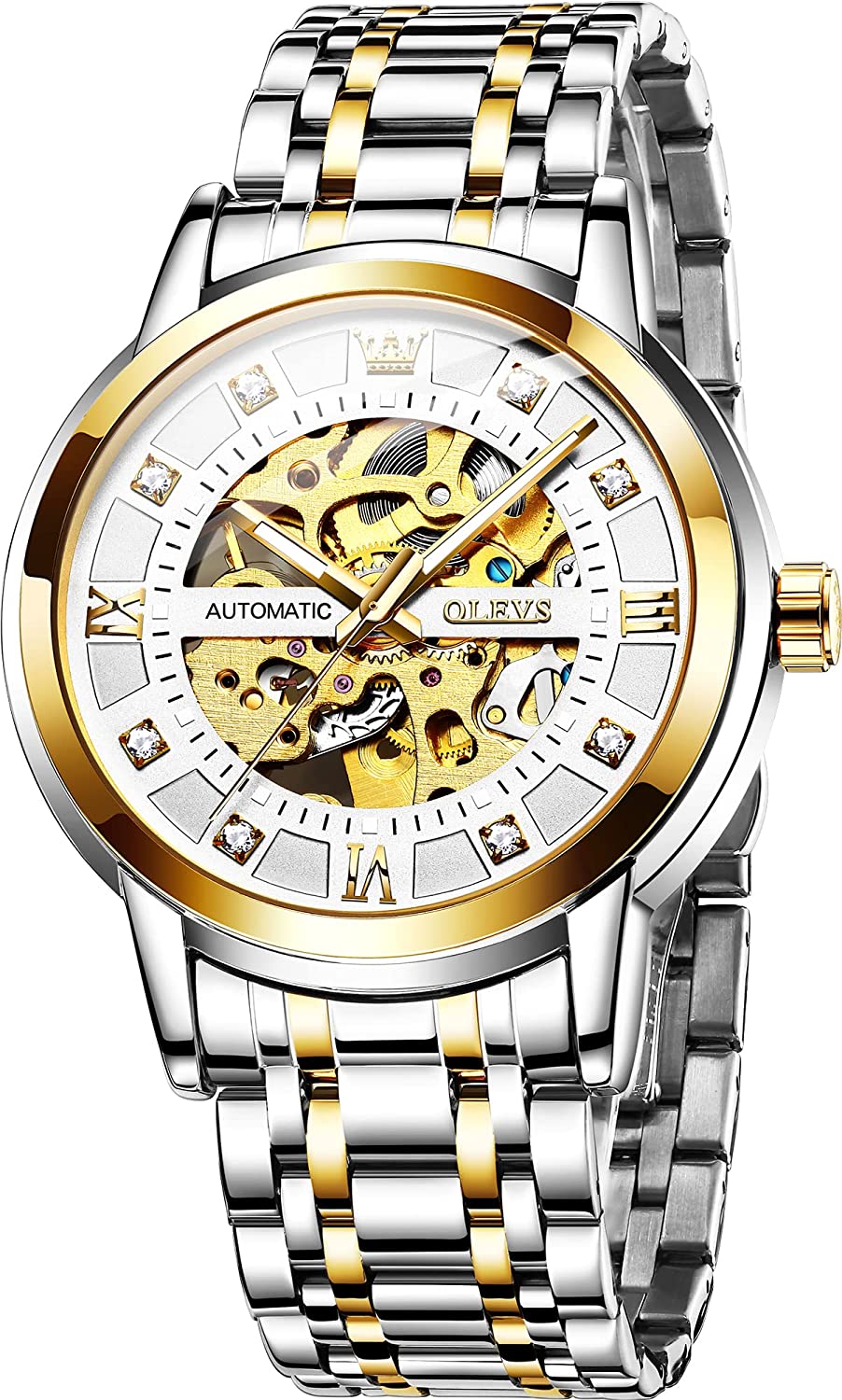 Men’s Automatic Mechanical Watches Gold Skeleton Luxury Dress self Winding Shiny Diamond Stainess Steel Waterproof Wrist Watches