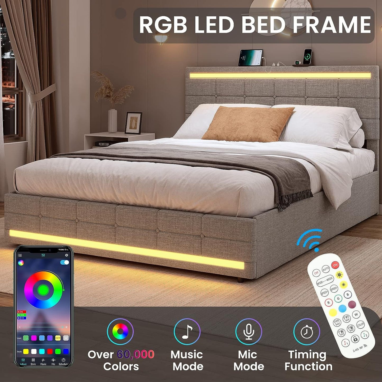 Bed Frame with LED Lights Headboard Footboard, Platform Bed Frame with 4 Drawers and 2 USB Charging Station, LED Bed Frame with Storage, No Box Spring Needed, Light Grey
