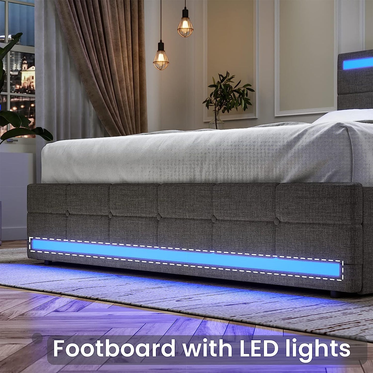BEAUTIFUL ADORNEVE Queen Bed Frame with LED Lights Headboard Footboard, Platform Bed Frame with 4 Drawers and 2 USB Charging Station, LED Bed Frame with Storage, No Box Spring Needed, Light Grey