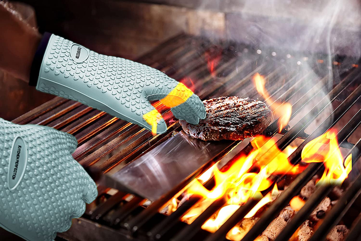 KITCHEN PERFECTION Silicone Smoker Oven Gloves -Extreme Heat Resistant BBQ Gloves-Handle Hot Food Right on Your Grill Fryer &Pit|Waterproof Grilling Cooking Baking Mitts|Superior Value Set +3 Bonuses