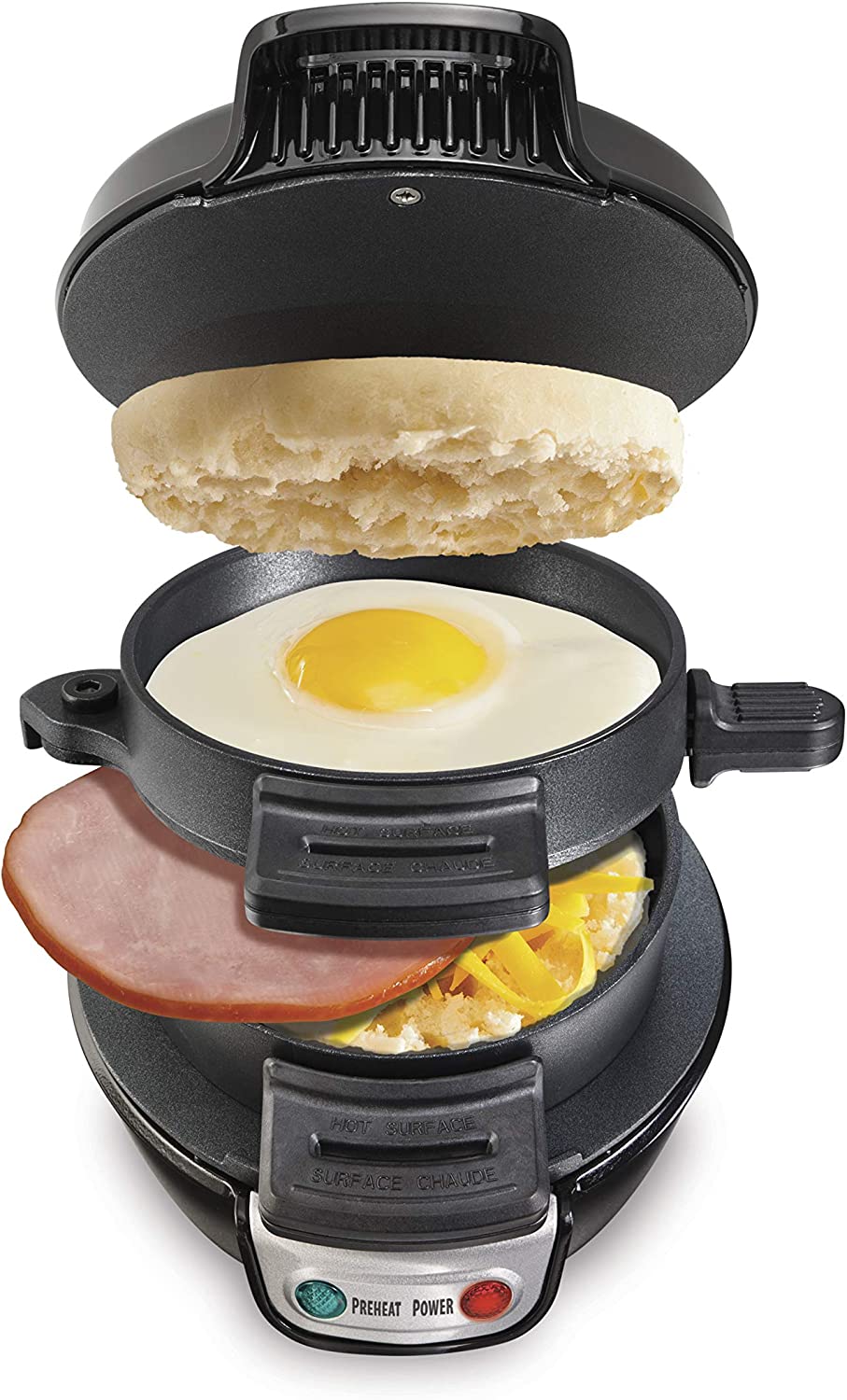 Breakfast Sandwich Maker with Egg Cooker Ring, Customize Ingredients, Perfect for English Muffins, Croissants, Mini Waffles, Single, Silver