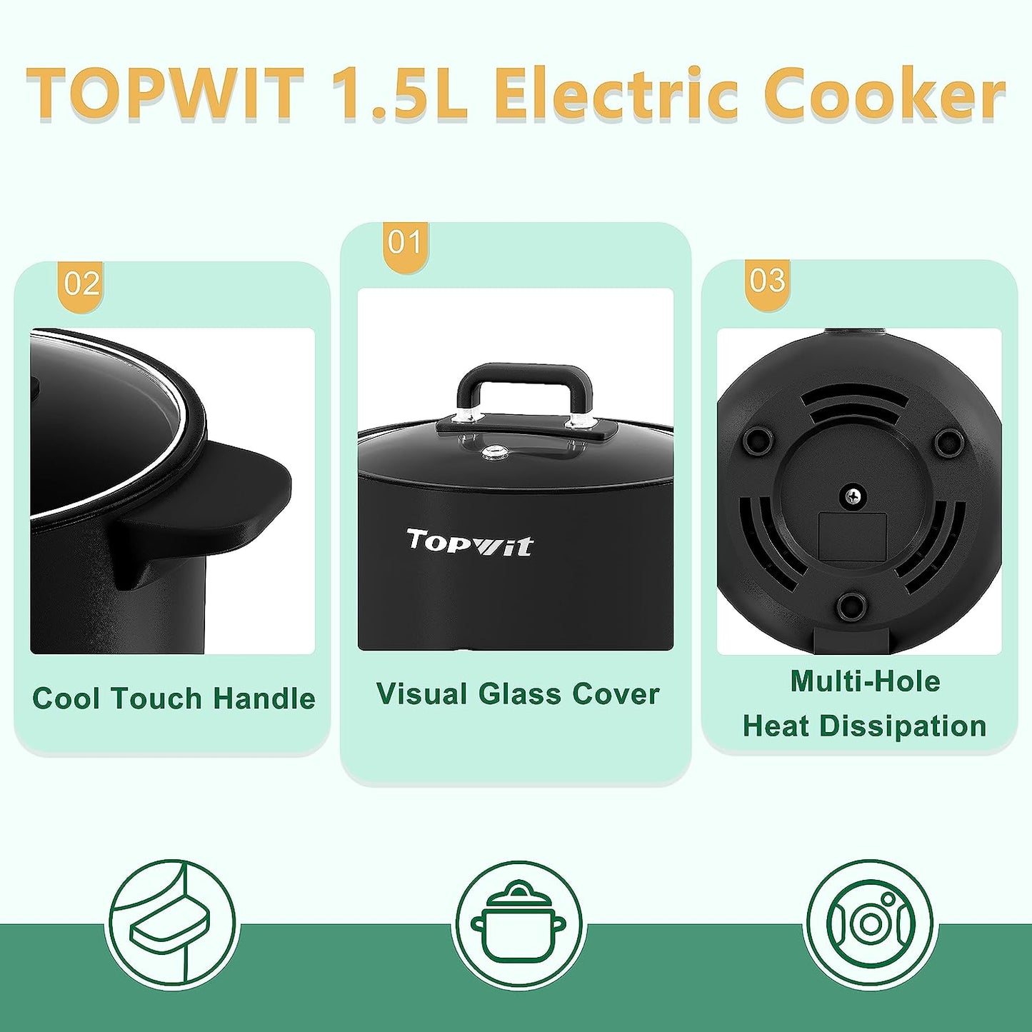 First-Class Electric Pot, 1.5L Non-stick Ramen Cooker, Multi-Function Hot Pot Electric for Pasta, Noodles, Steak, Egg, Electric Cooker with Dual Power Control, Over-Heating and Boil Dry Protection, Dorm Room Essentials, Green