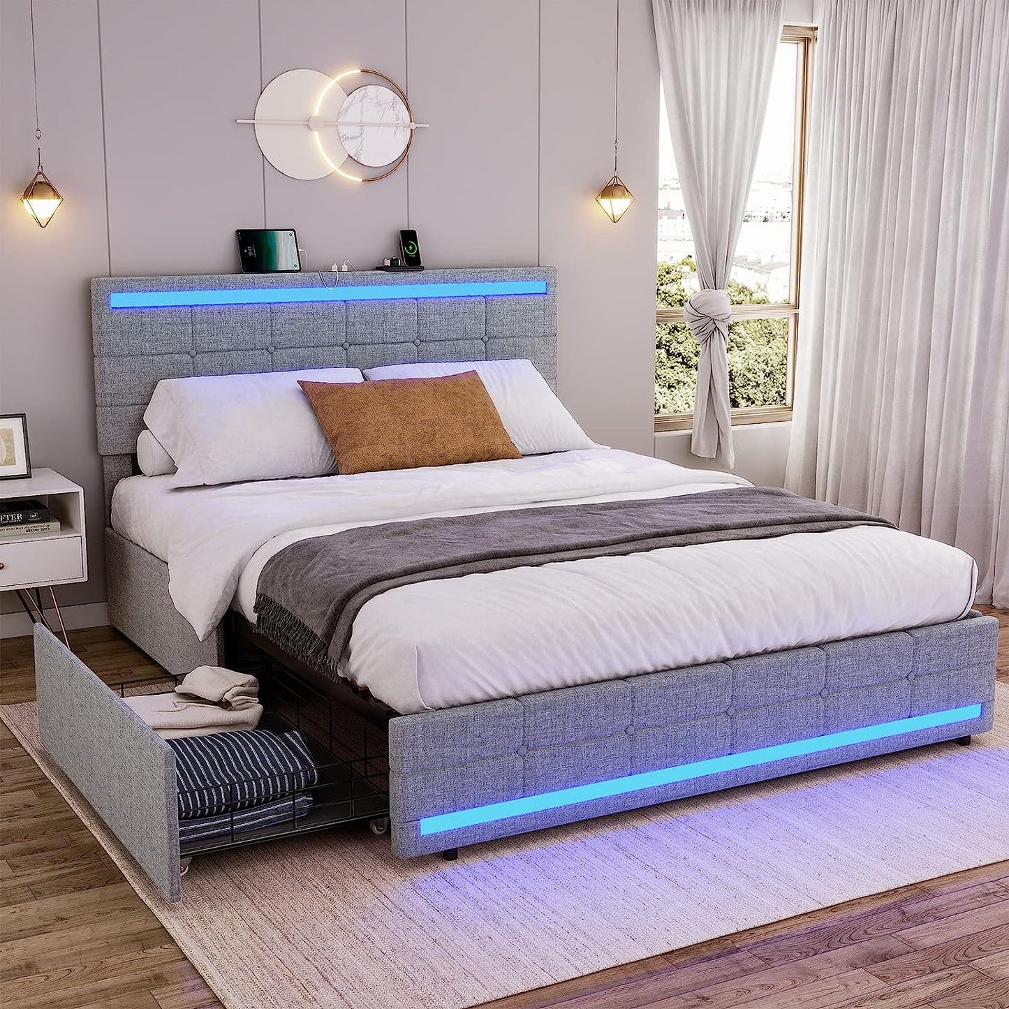 BEAUTIFUL ADORNEVE Queen Bed Frame with LED Lights Headboard Footboard, Platform Bed Frame with 4 Drawers and 2 USB Charging Station, LED Bed Frame with Storage, No Box Spring Needed, Light Grey